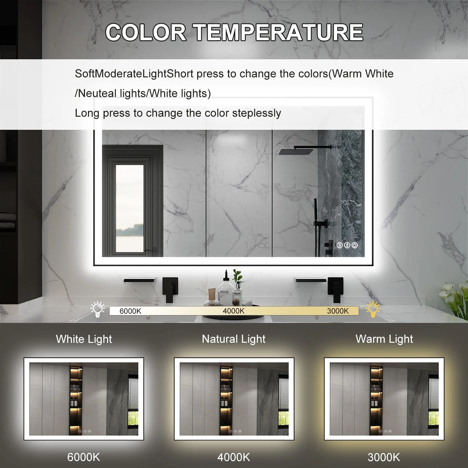 GIVING TREE 60"/72"/84" LED Bathroom Mirror with Black Frame, Anti-Fog, Shatter-Proof, Memory, 3 Colors - Image 22