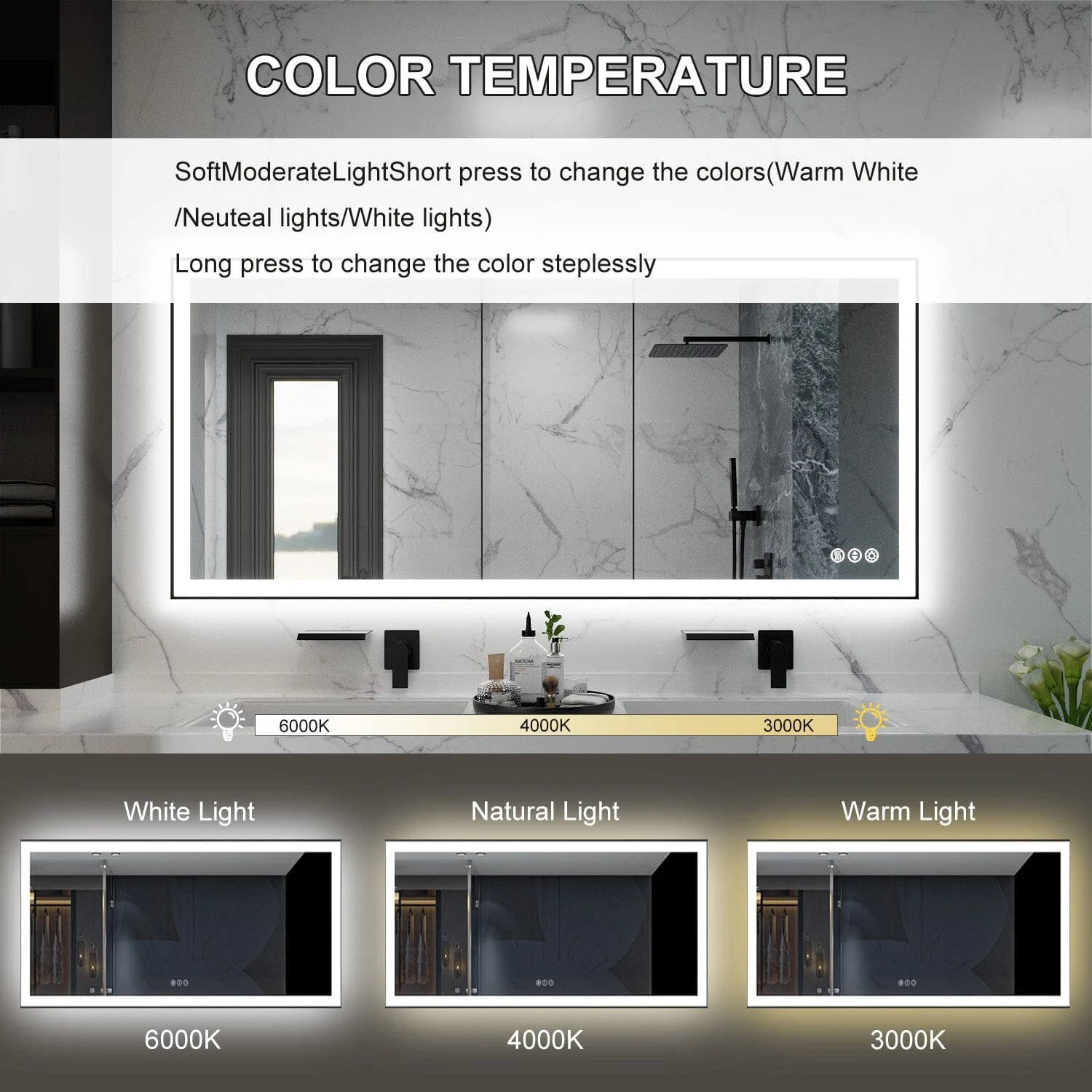 GIVING TREE 60"/72"/84" LED Bathroom Mirror with Black Frame, Anti-Fog, Shatter-Proof, Memory, 3 Colors - Image 31