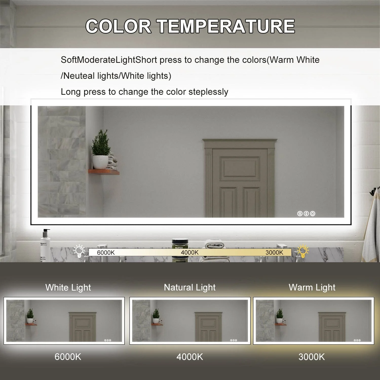 GIVING TREE 60"/72"/84" LED Bathroom Mirror with Black Frame, Anti-Fog, Shatter-Proof, Memory, 3 Colors - Image 4