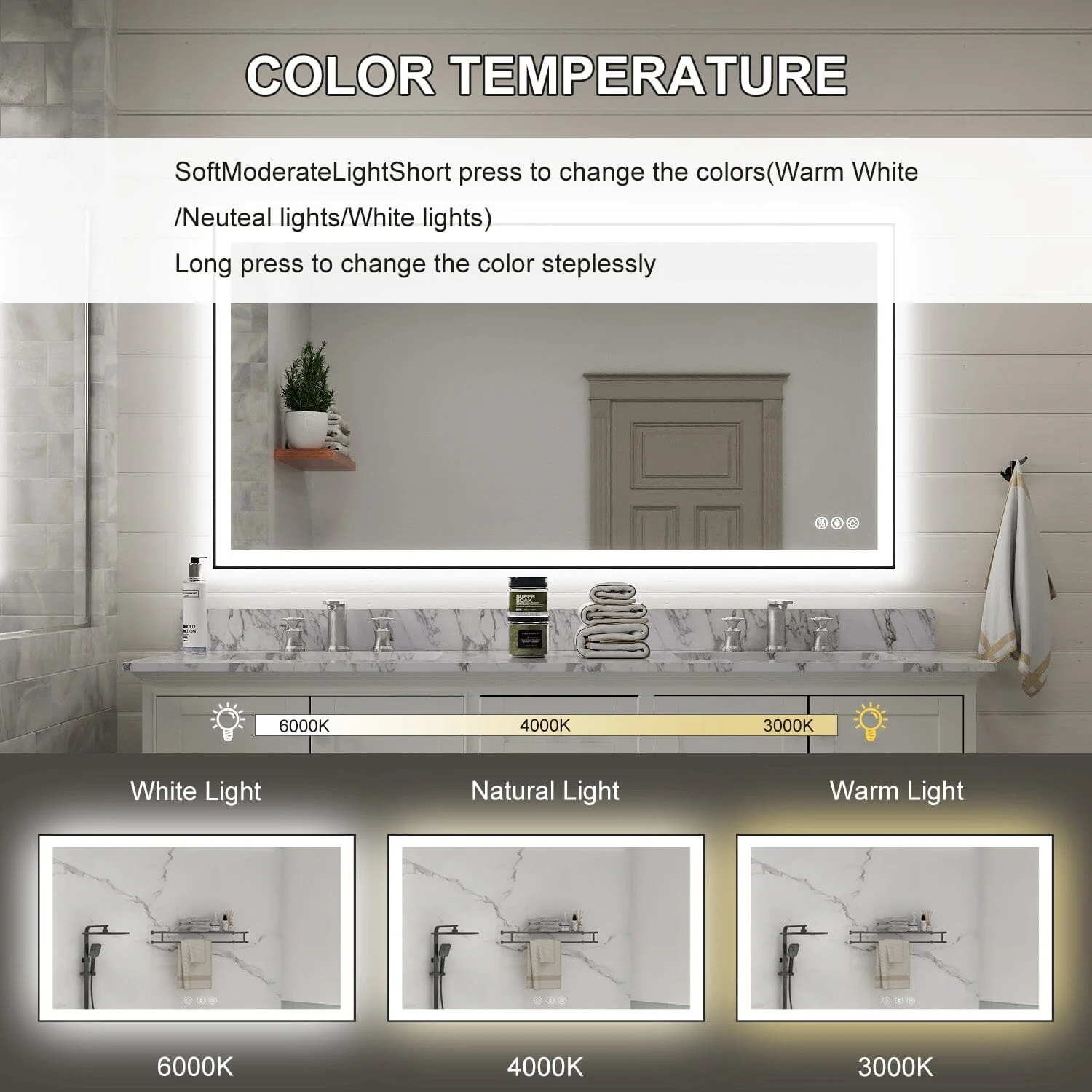 GIVING TREE 60"/72"/84" LED Bathroom Mirror with Black Frame, Anti-Fog, Shatter-Proof, Memory, 3 Colors - Image 40