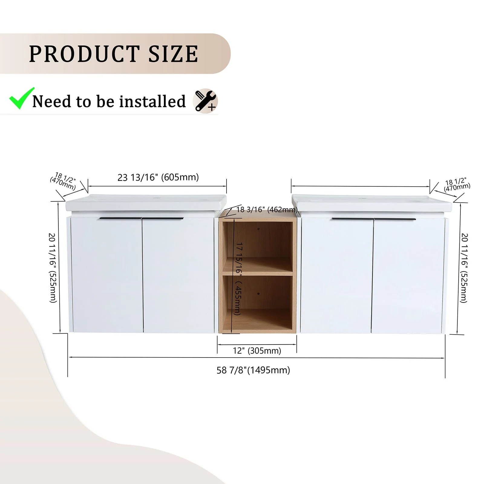 Giving Tree 60" Wall-mounted Bathroom Vanity with Sink and Storage Shelves - Image 10