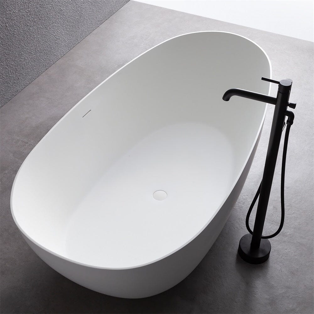 67" Solid Surface Stone Resin Oval-shaped Matte White Freestanding Soaking Bathtub with Overflow - Image 8