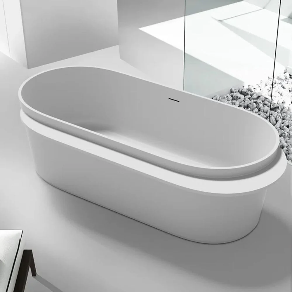Giving Tree 67" Solid Surface Stone Resin White Freestanding Bathtub with Shelf - Image 3