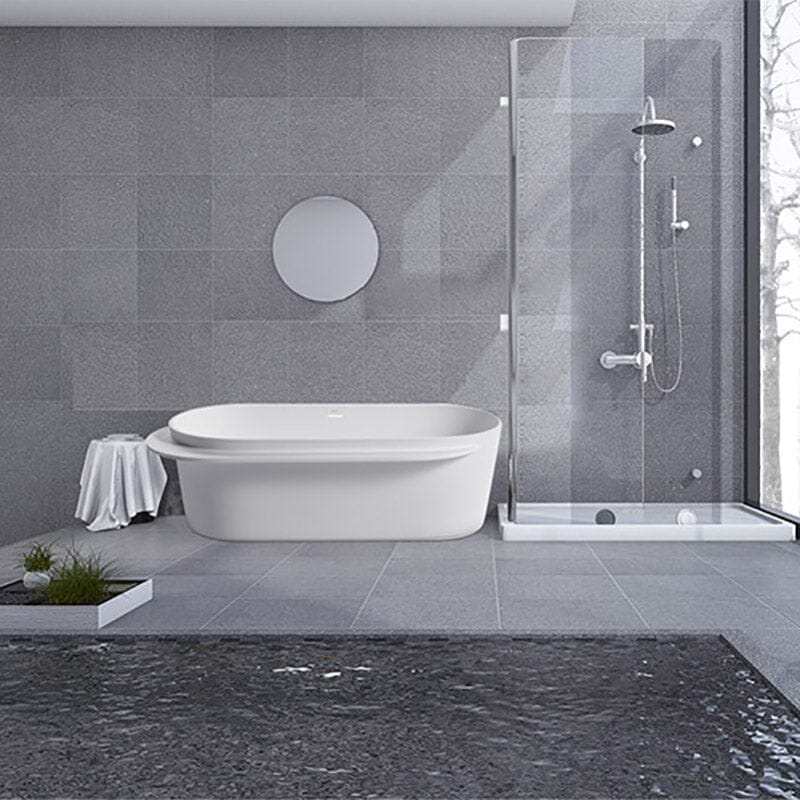 Giving Tree 67" Solid Surface Stone Resin White Freestanding Bathtub with Shelf - Image 5