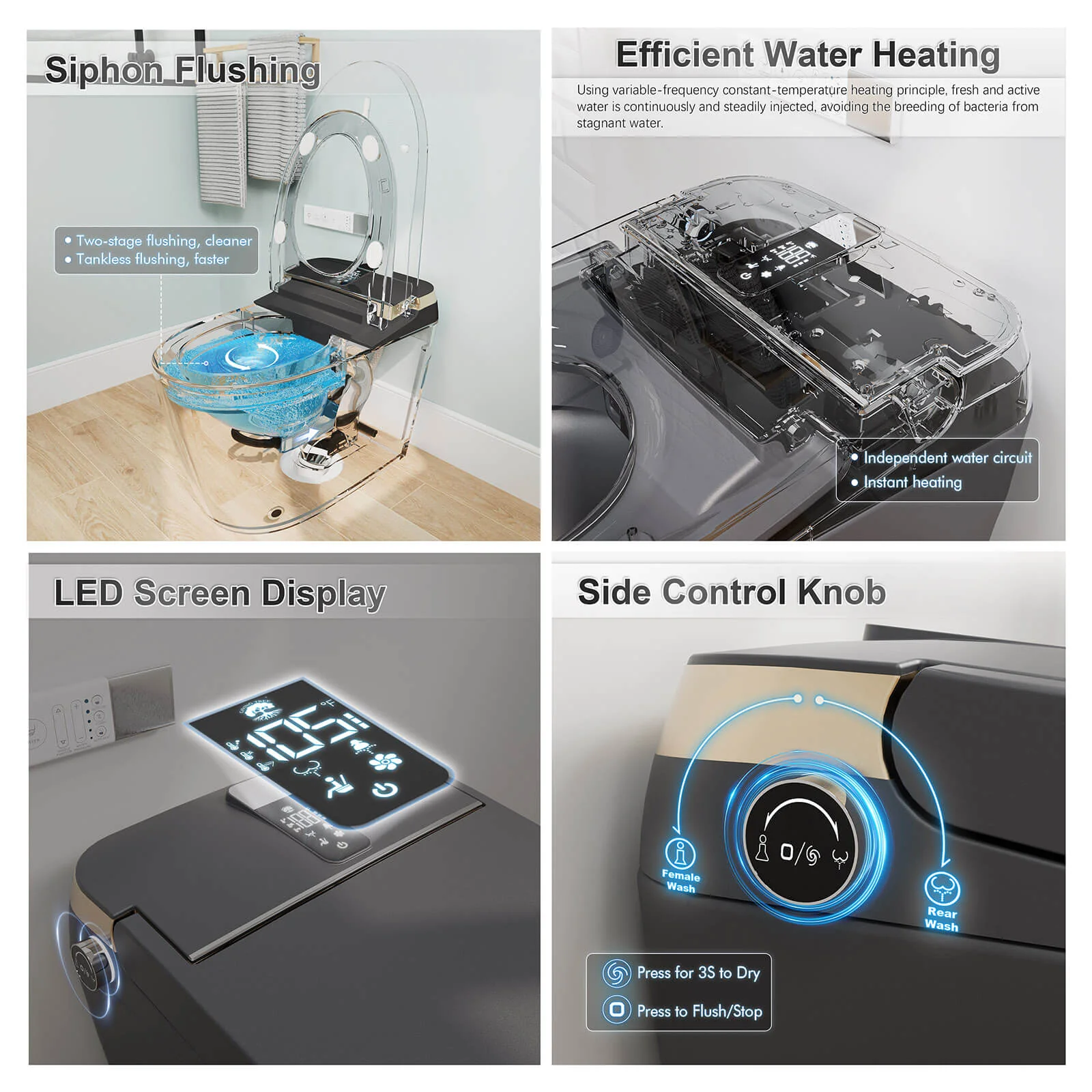 Tankless Elongated Smart Bidet Toilet with Heated Seat, Warm Air Dryer, Night Light - Image 37