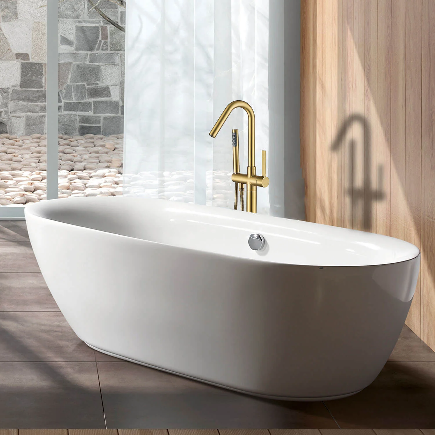 Gold Hand Shower Streamline Freestanding Tub Filler Faucet - Image 2