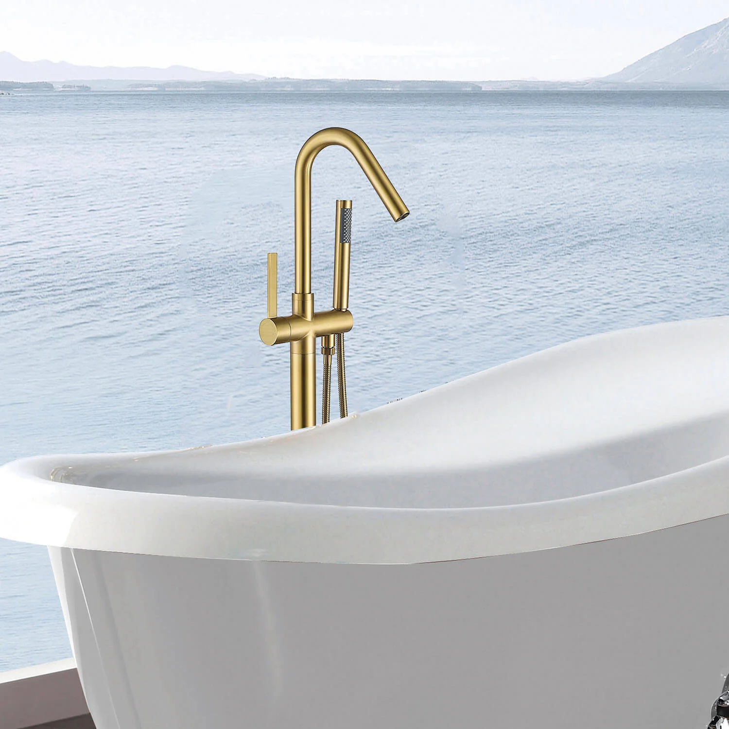 Gold Hand Shower Streamline Freestanding Tub Filler Faucet - Image 3