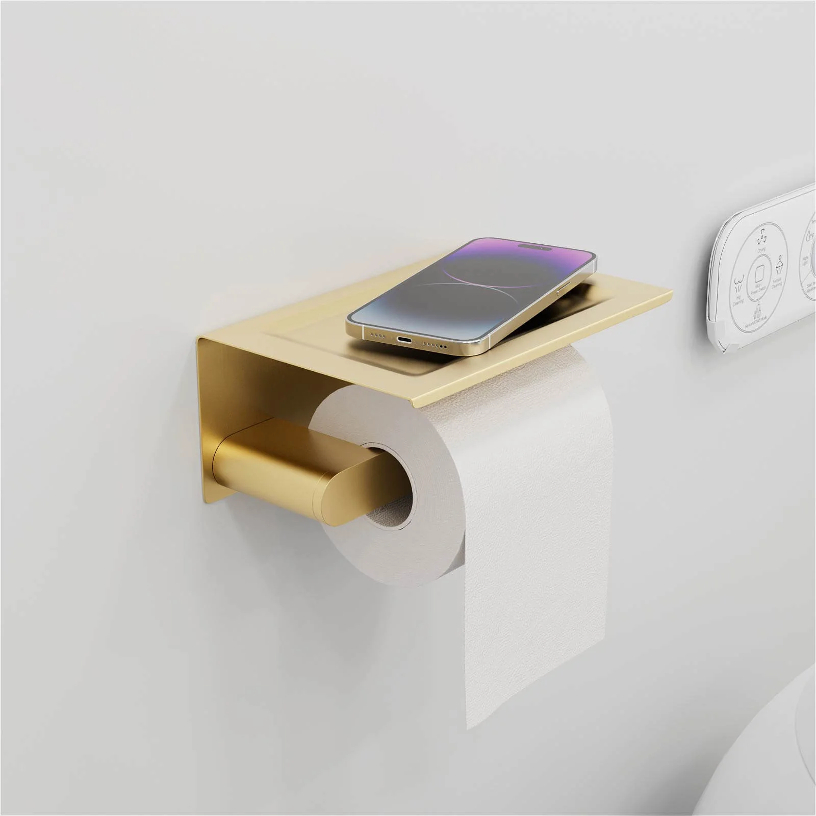 Golden Finish Wall-Mounted Toilet Paper Holder with Phone Shelf