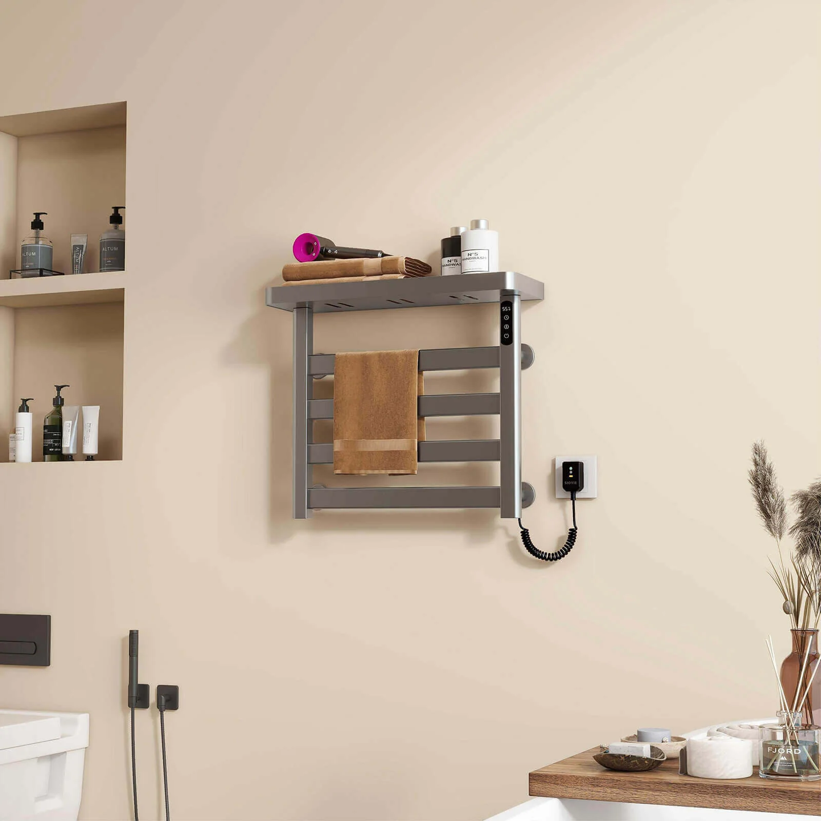 Gray Heated Towel Warmer, Wall Mounted Plug-In Electric Towel Rack for Bathroom with Smart Timer - Image 3