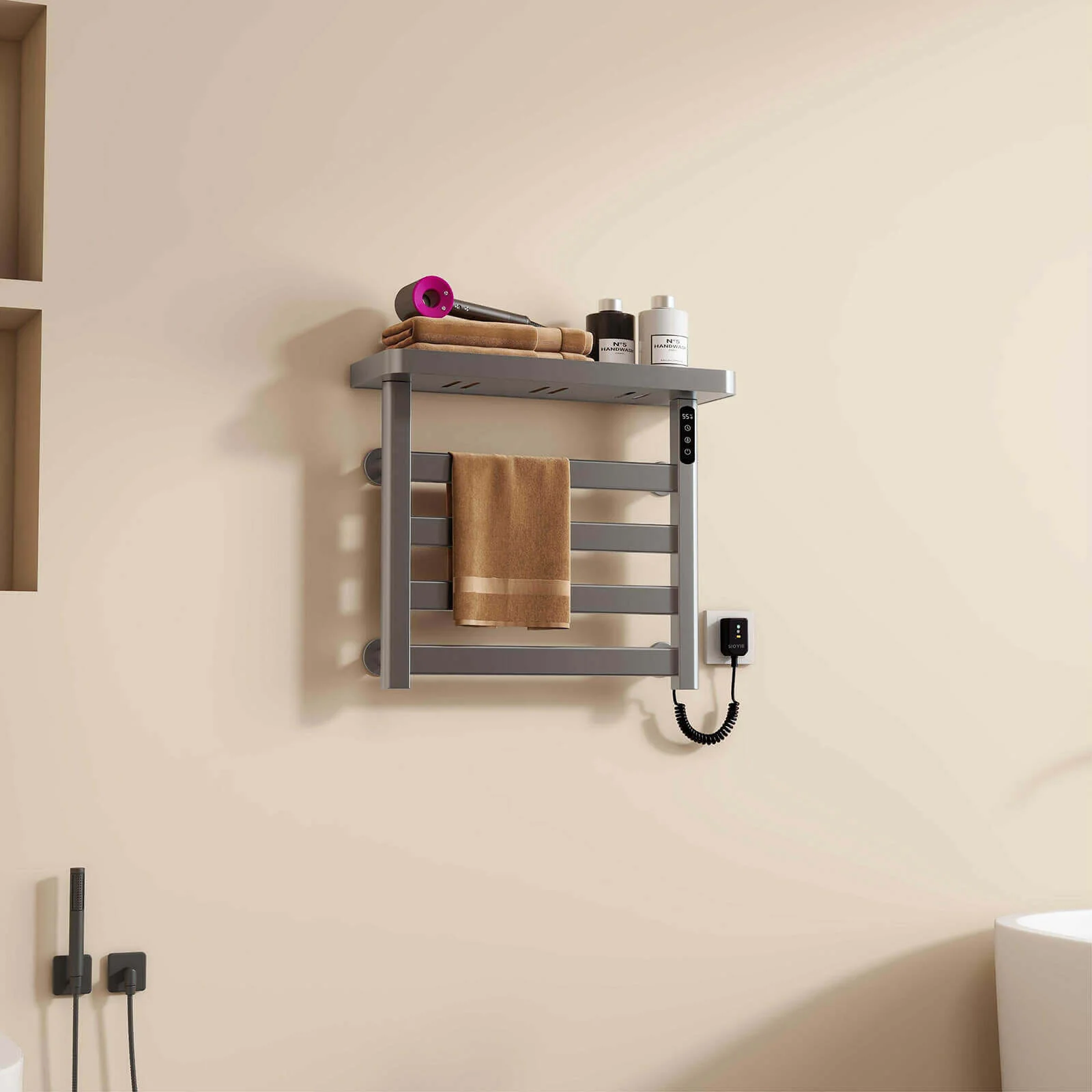 Gray Heated Towel Warmer, Wall Mounted Plug-In Electric Towel Rack for Bathroom with Smart Timer - Image 4