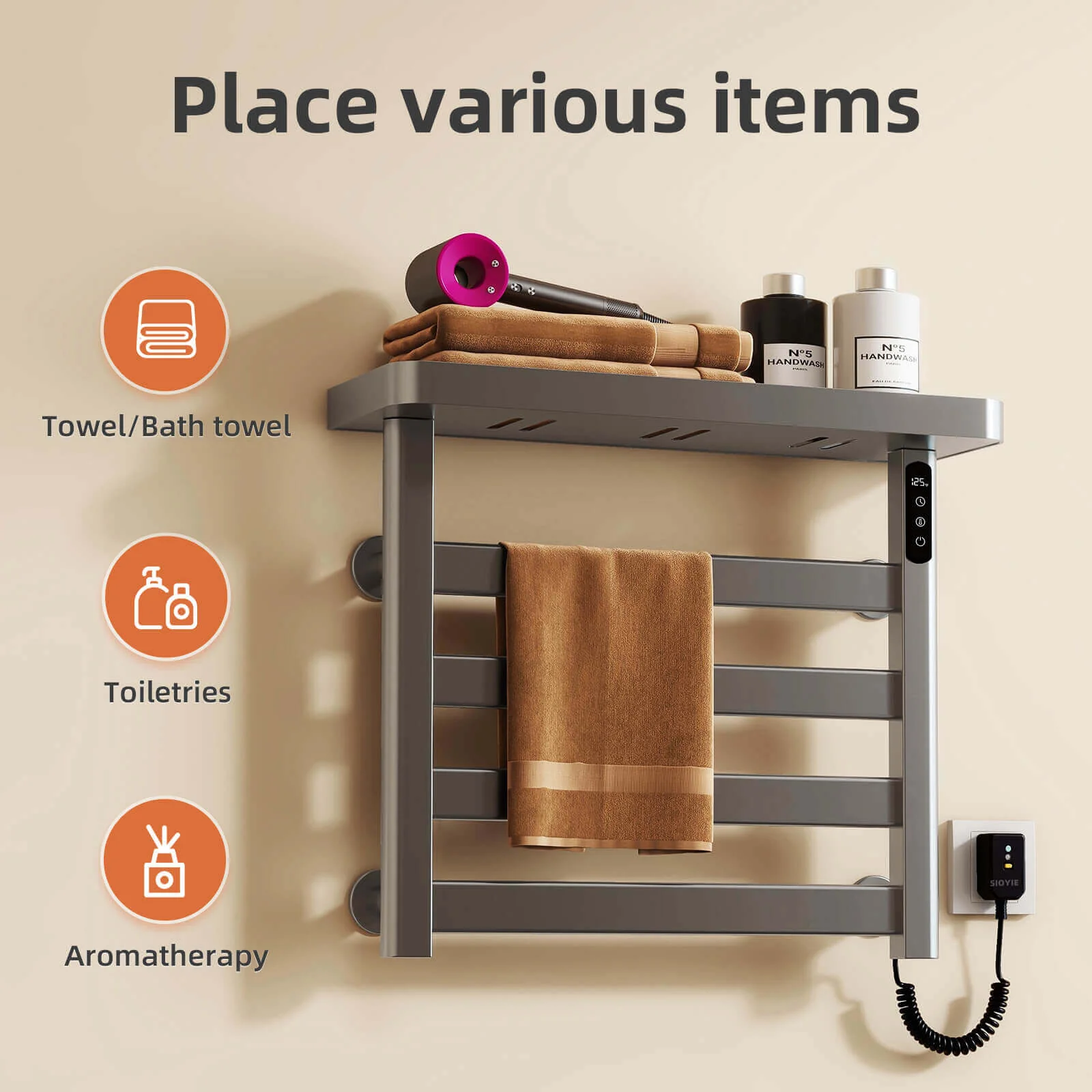 Gray Heated Towel Warmer, Wall Mounted Plug-In Electric Towel Rack for Bathroom with Smart Timer - Image 6
