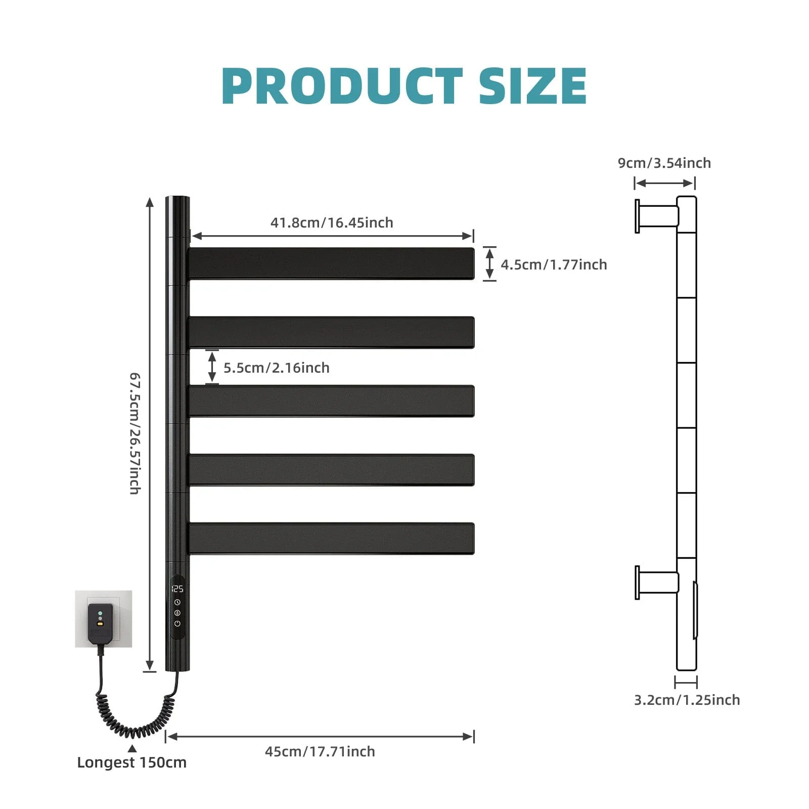 Heated Towel Racks for Bathroom, 180° Rotating Wall Mounted Towel Warmer with Flat 5 Bar - Image 10