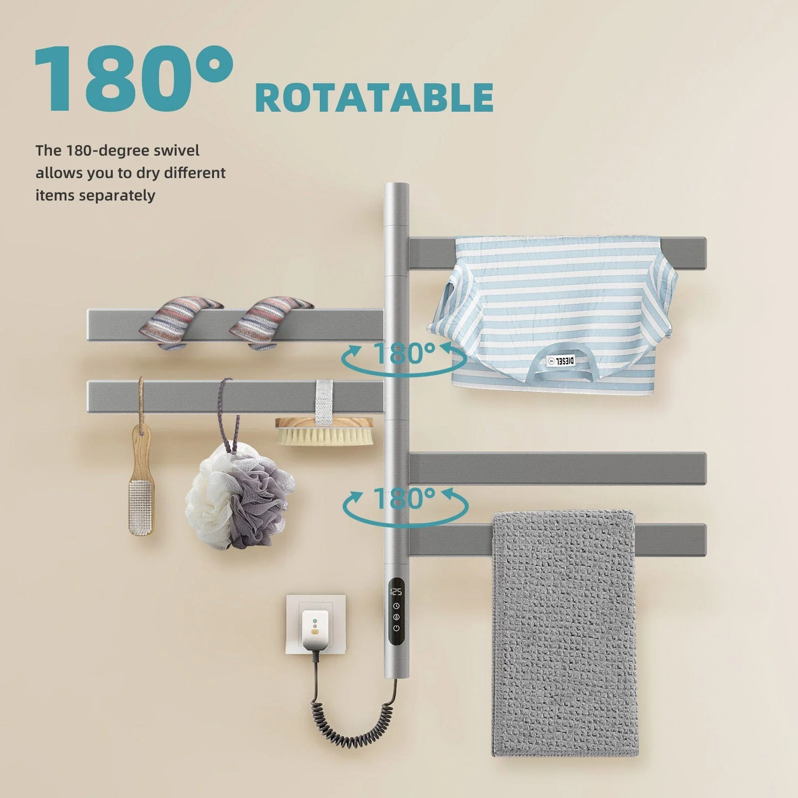 Heated Towel Racks for Bathroom, 180° Rotating Wall Mounted Towel Warmer with Flat 5 Bar - Image 16