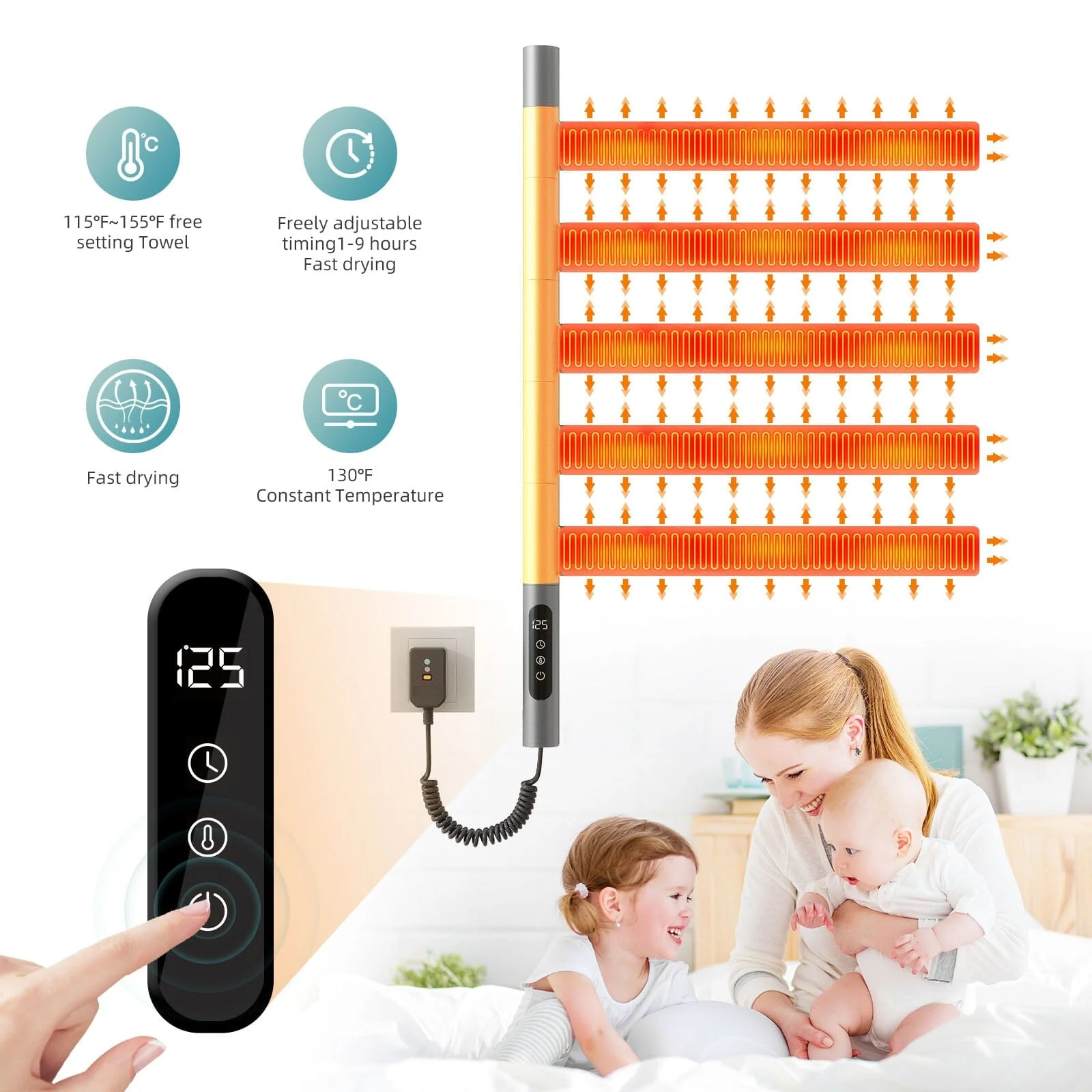 Heated Towel Racks for Bathroom, 180° Rotating Wall Mounted Towel Warmer with Flat 5 Bar - Image 18