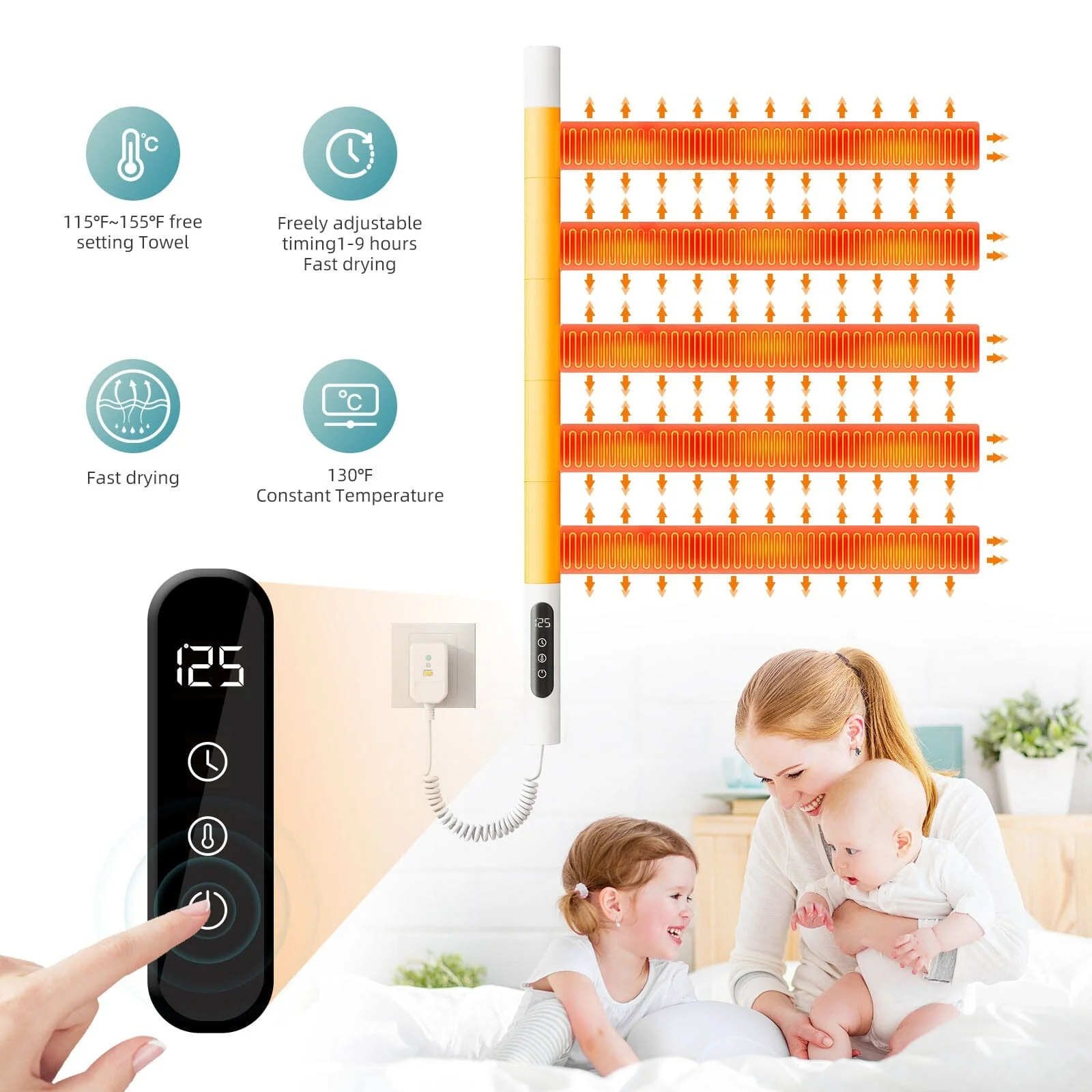 Heated Towel Racks for Bathroom, 180° Rotating Wall Mounted Towel Warmer with Flat 5 Bar - Image 28