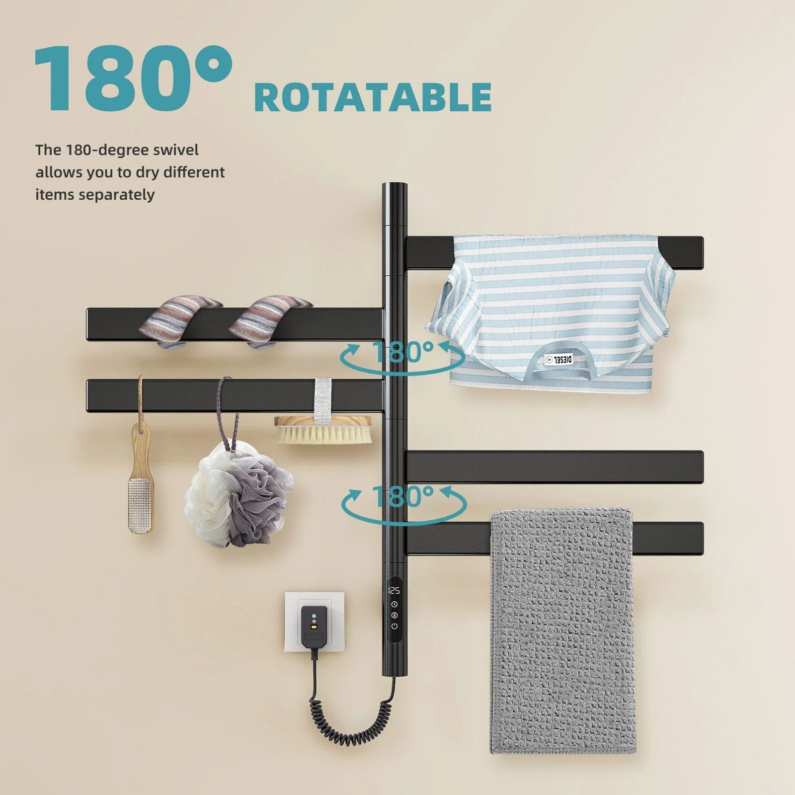 Heated Towel Racks for Bathroom, 180° Rotating Wall Mounted Towel Warmer with Flat 5 Bar - Image 6
