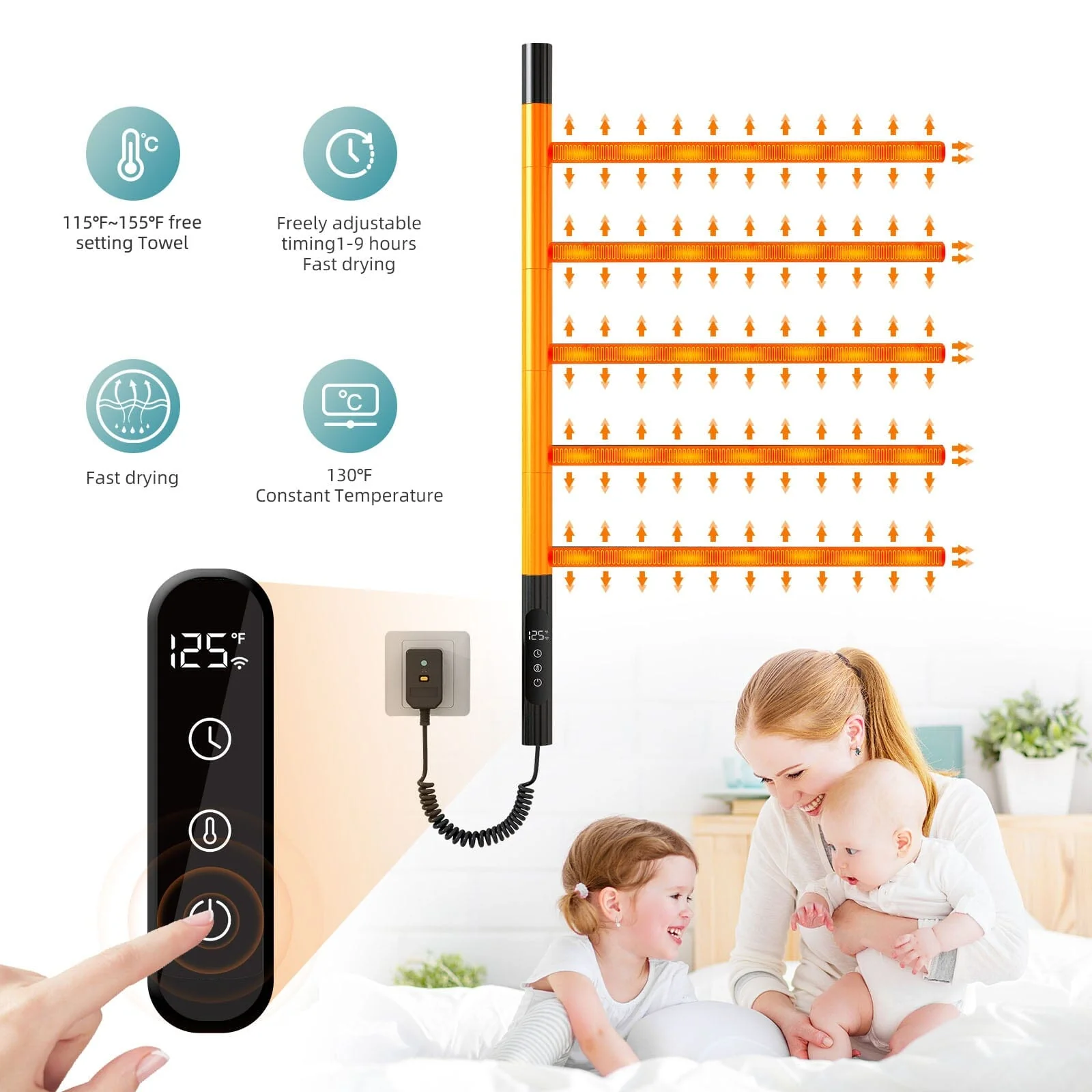 Heated Towel Racks for Bathroom, 180° Rotating Wall Mounted Towel Warmer with Built-in Timer - Image 7