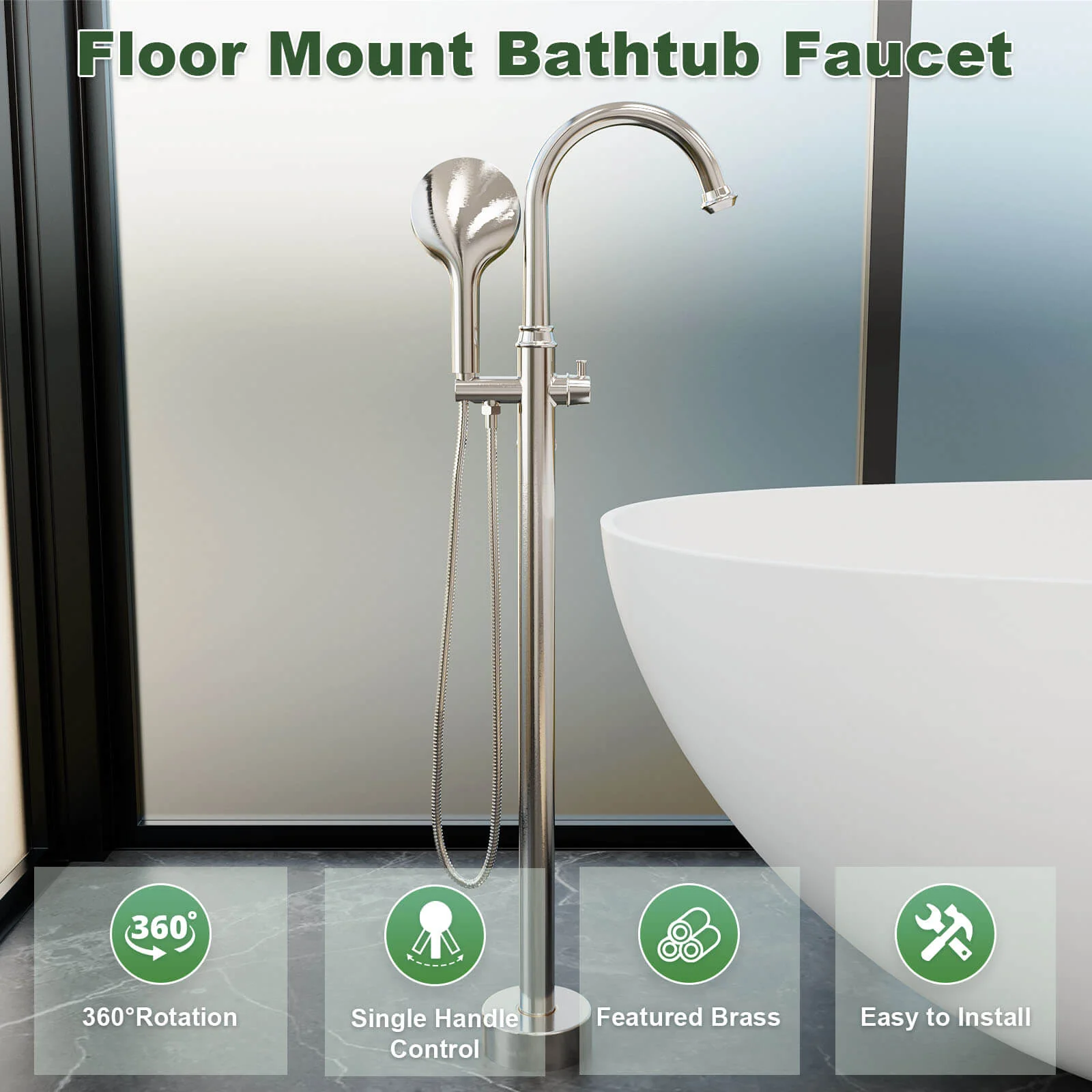Freestanding Tub Filler High Arc 360° Swivel Bathtub Faucet with 3 Function Handheld - Image 12