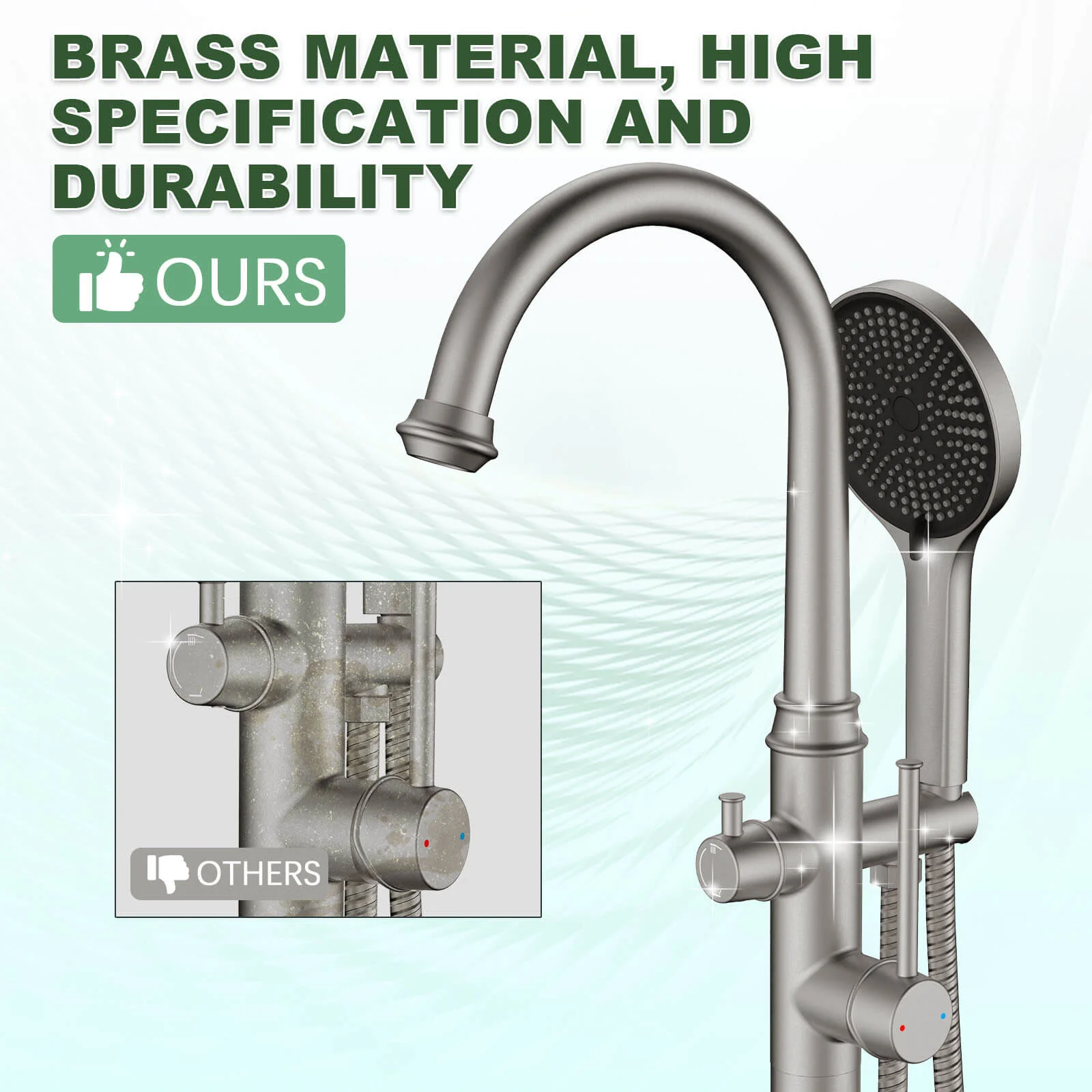 Freestanding Tub Filler High Arc 360° Swivel Bathtub Faucet with 3 Function Handheld - Image 14