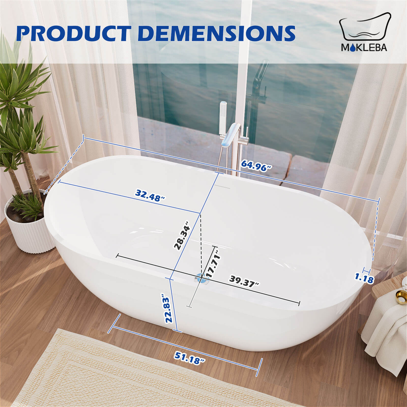 Mokleba 65" Acrylic Oval Freestanding Soaking Bathtub with Drain - Image 20
