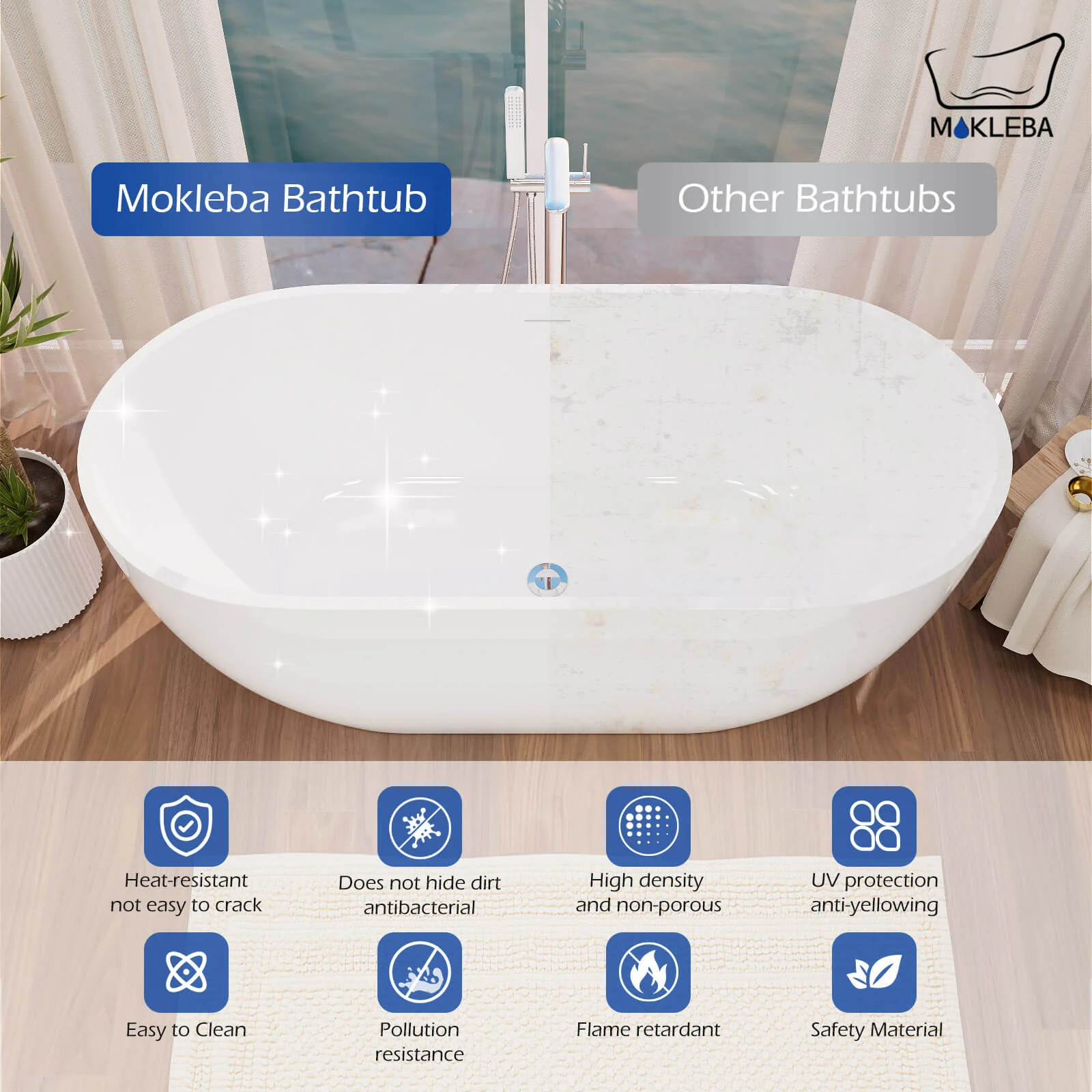 Mokleba 65" Acrylic Oval Freestanding Soaking Bathtub with Drain - Image 7