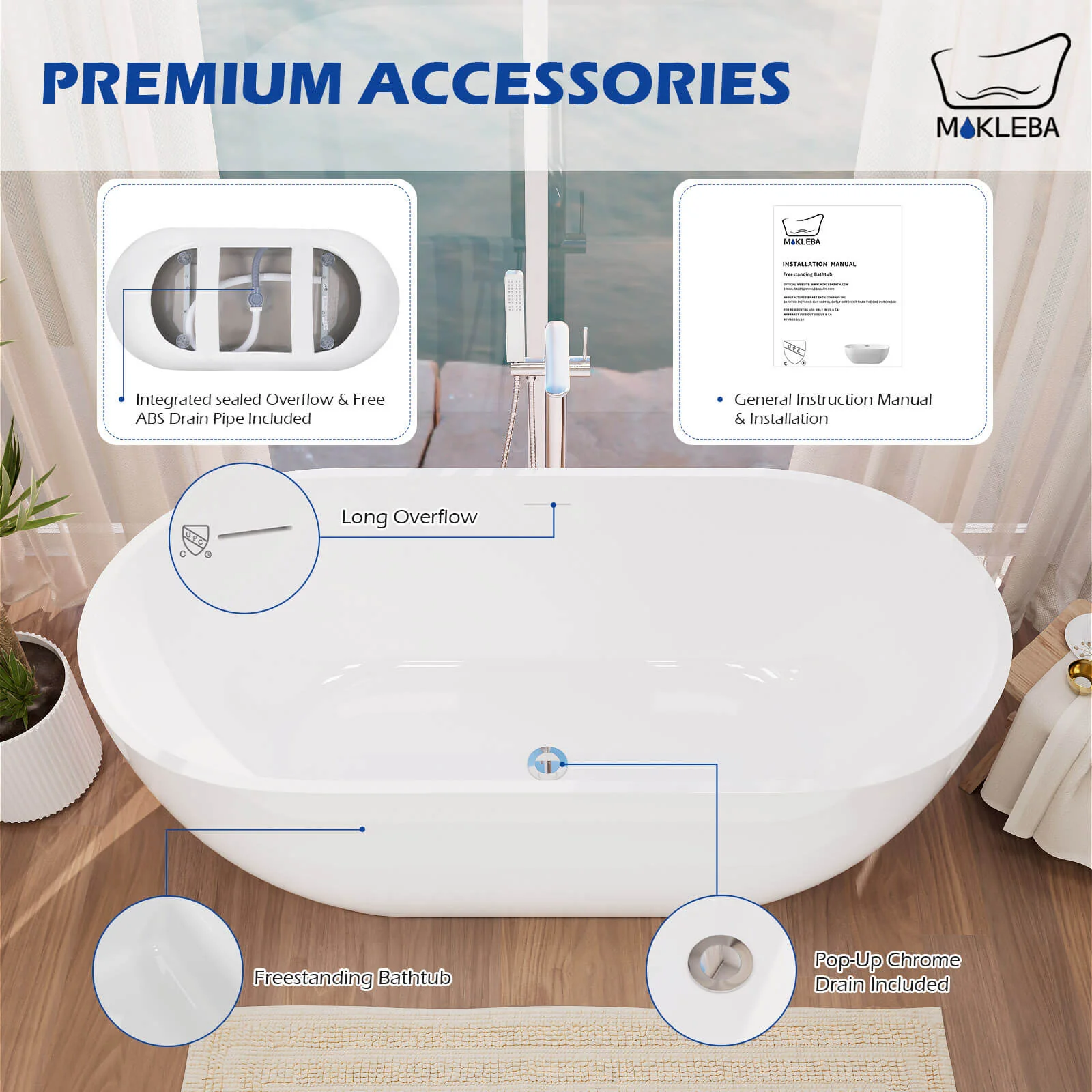 Mokleba 65" Acrylic Oval Freestanding Soaking Bathtub with Drain - Image 9