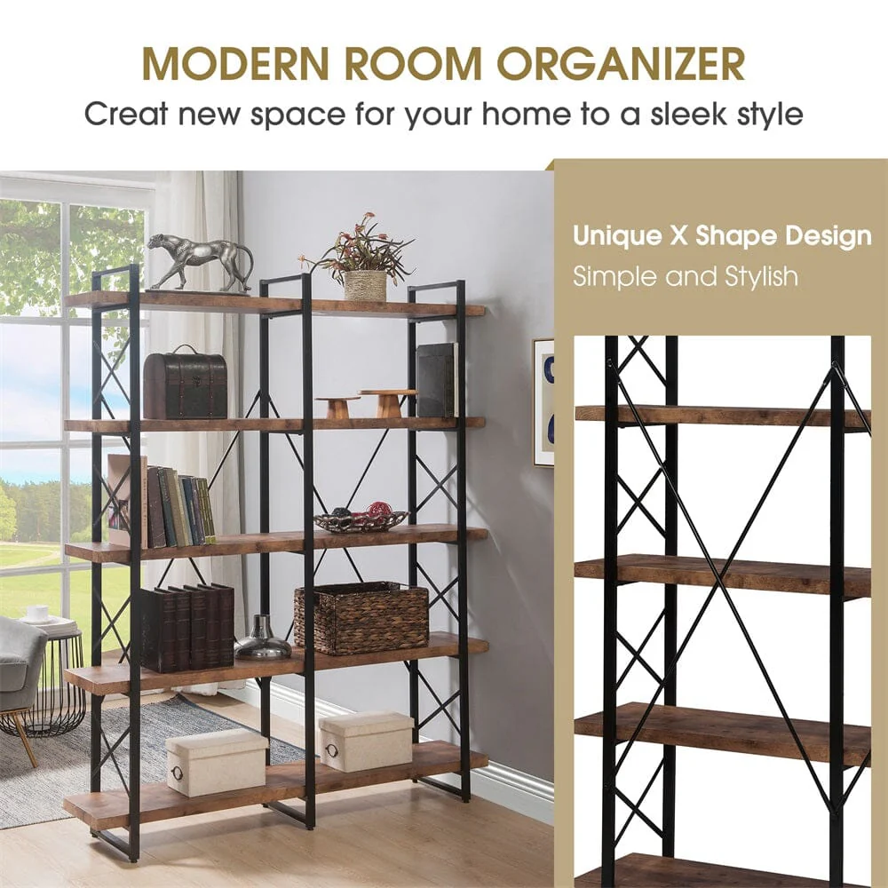 Giving Tree Home Office 5 Tier Bookshelf, X Design Etageres Storage Shelf, Industrial Bookcase for Office with Metal Frame - Image 4