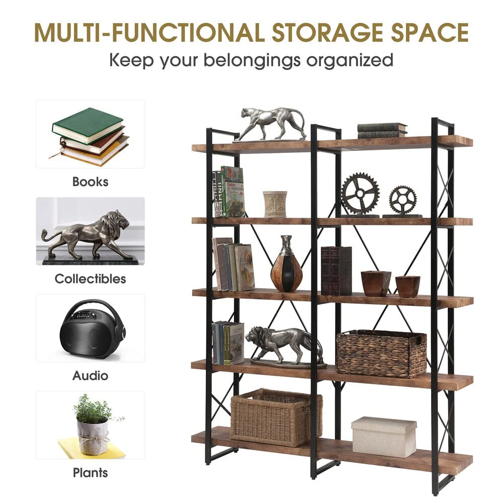 Giving Tree Home Office 5 Tier Bookshelf, X Design Etageres Storage Shelf, Industrial Bookcase for Office with Metal Frame - Image 7
