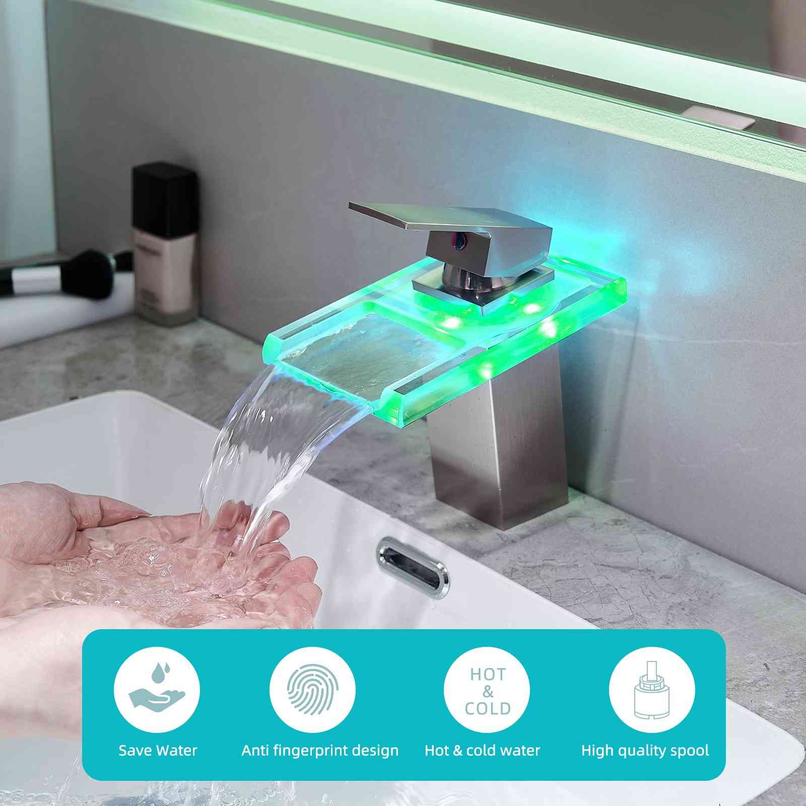 LED Single Handle Glass Waterfall Spout Faucet, 3 Color Changing & Temperature Control - Image 11