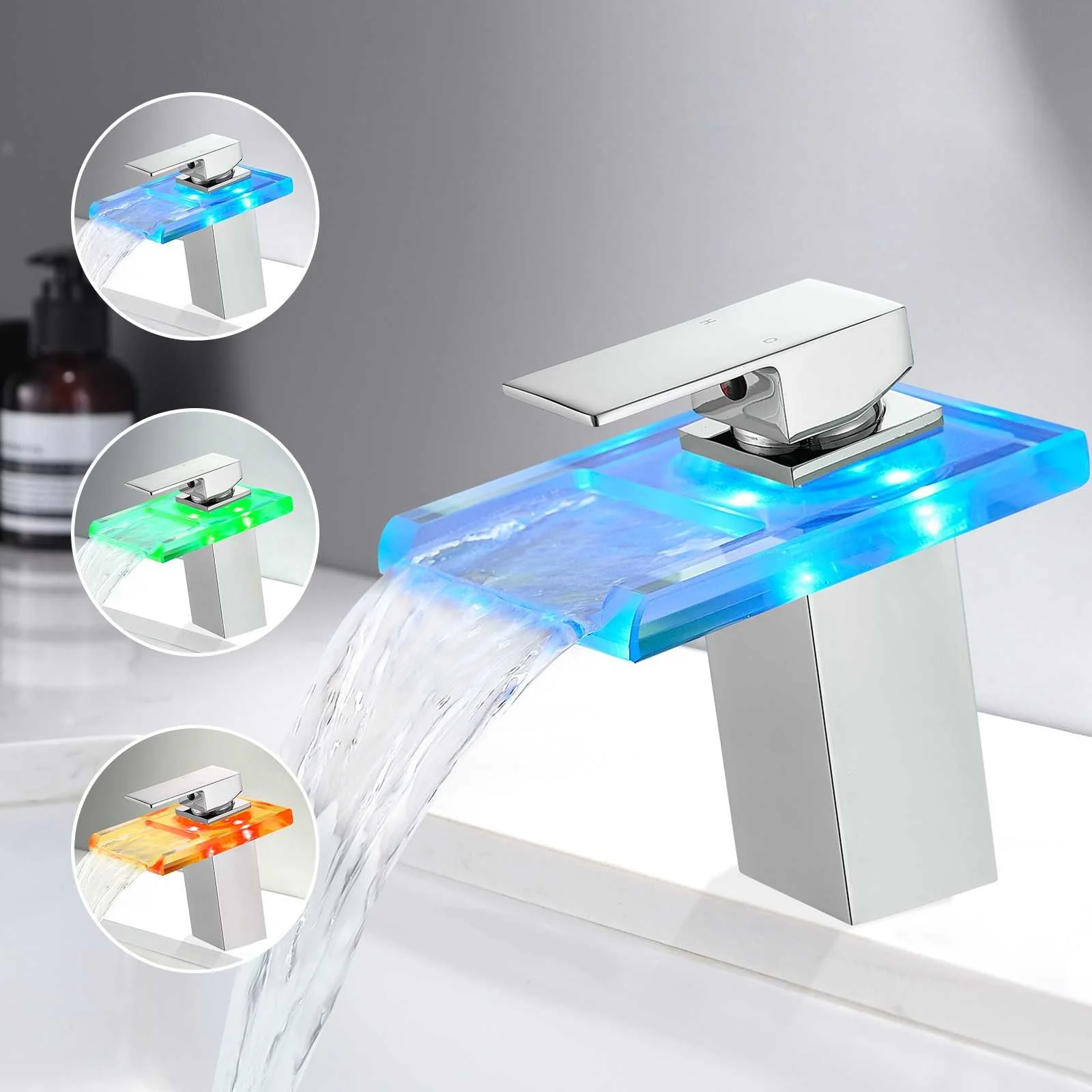LED Single Handle Glass Waterfall Spout Faucet, 3 Color Changing & Temperature Control - Image 16