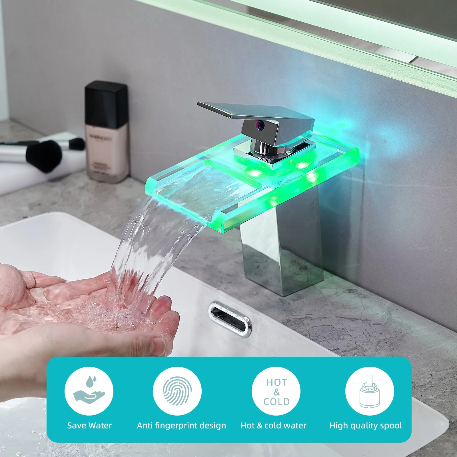 LED Single Handle Glass Waterfall Spout Faucet, 3 Color Changing & Temperature Control - Image 18