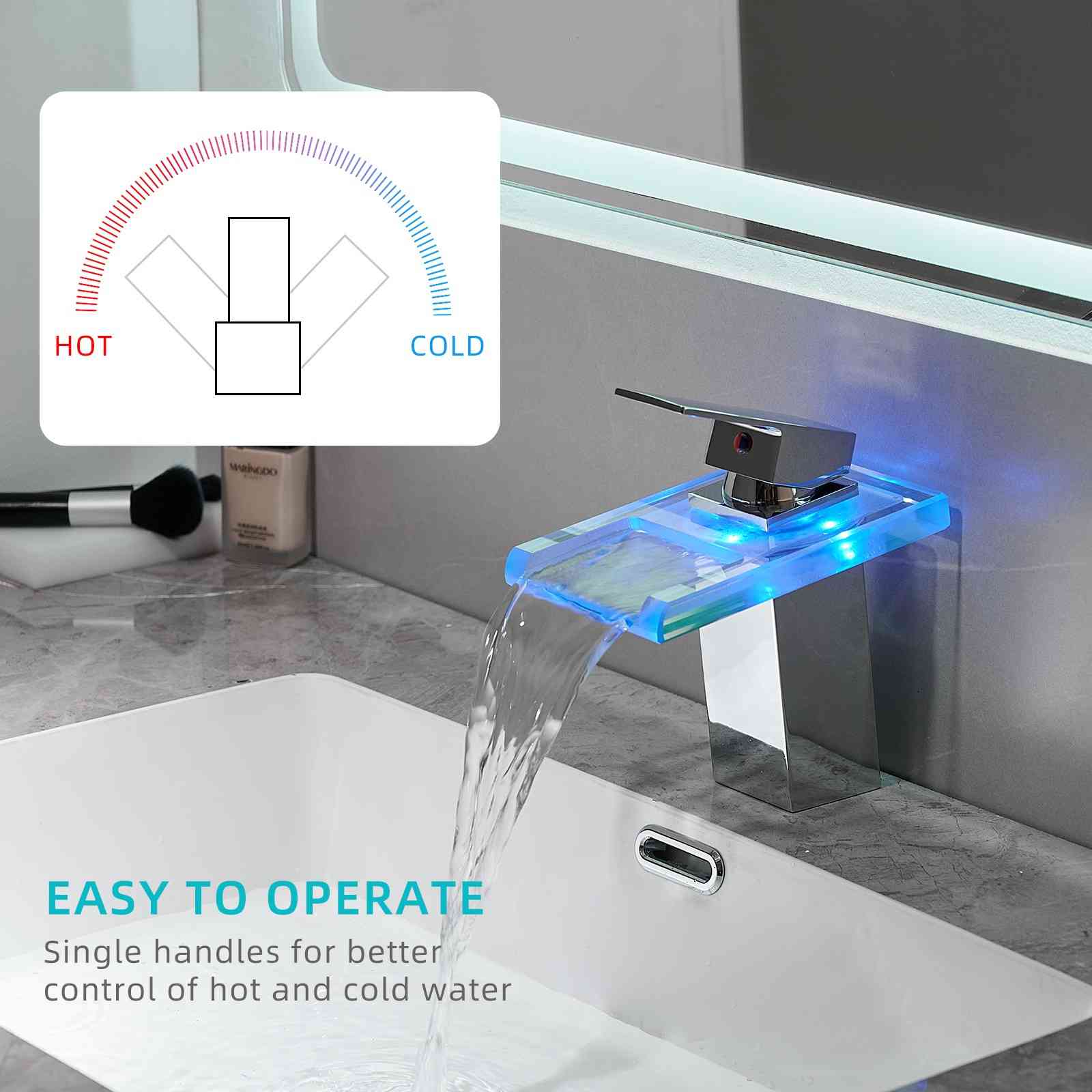 LED Single Handle Glass Waterfall Spout Faucet, 3 Color Changing & Temperature Control - Image 20