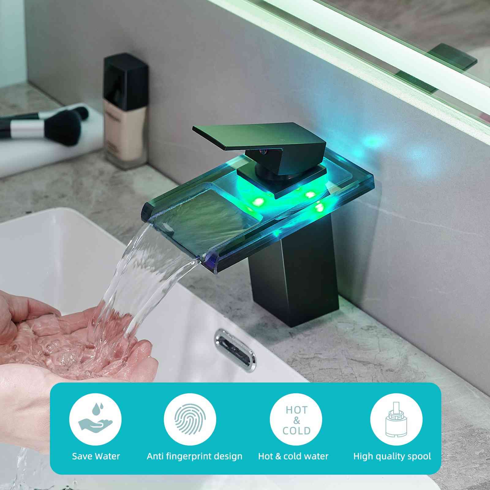 LED Single Handle Glass Waterfall Spout Faucet, 3 Color Changing & Temperature Control - Image 4