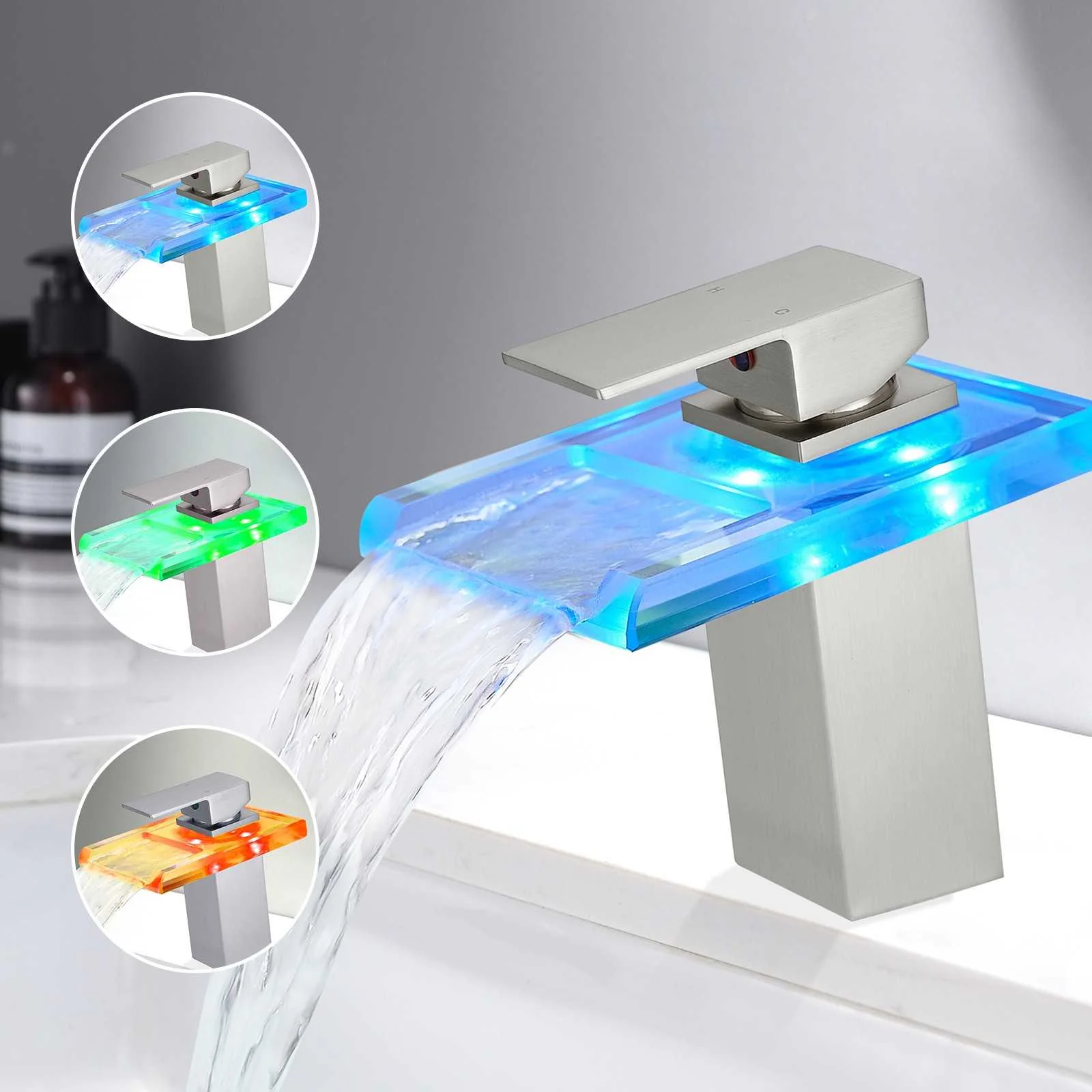 LED Single Handle Glass Waterfall Spout Faucet, 3 Color Changing & Temperature Control - Image 9