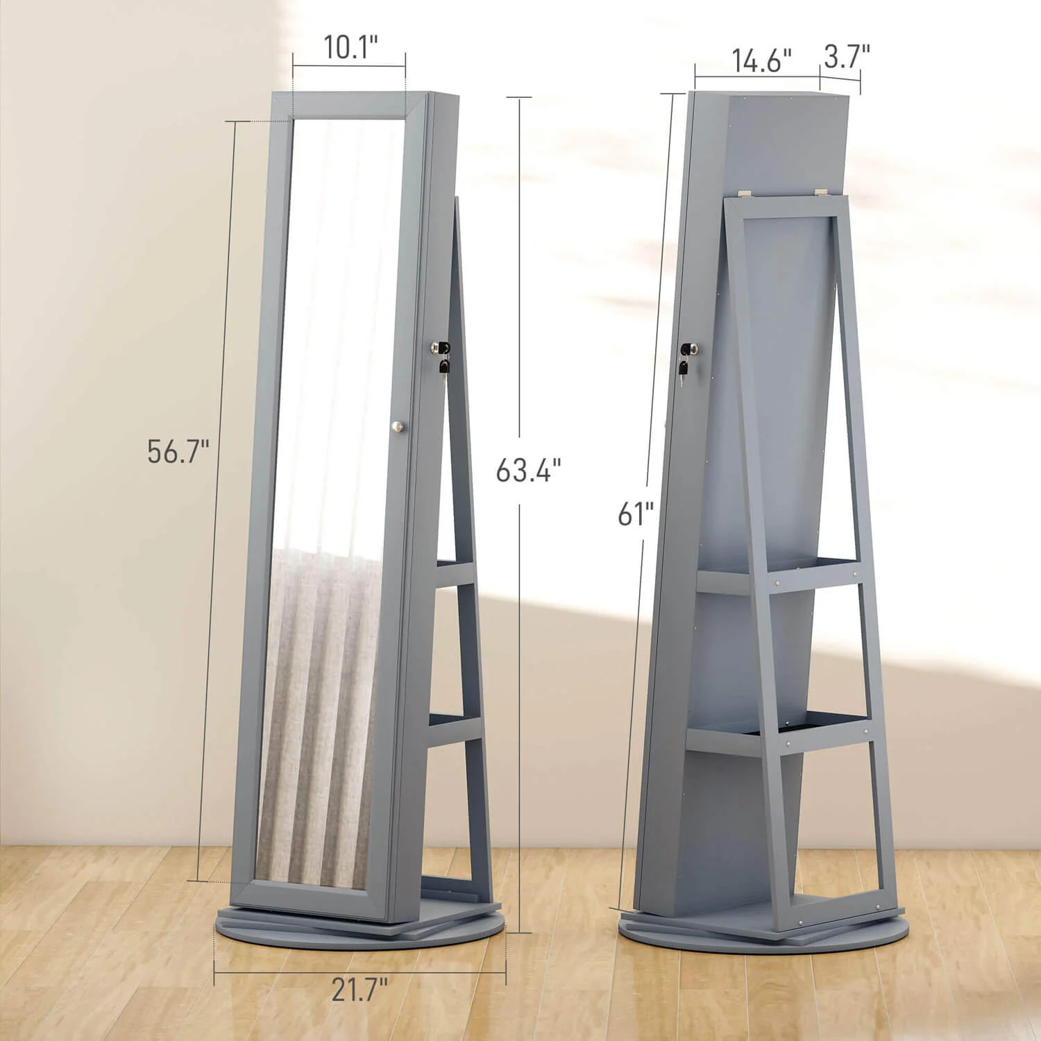 Lockable 360° Gray Swivel Full-Length Jewelry Cabinet Mirror with Storage Shelves - Image 3