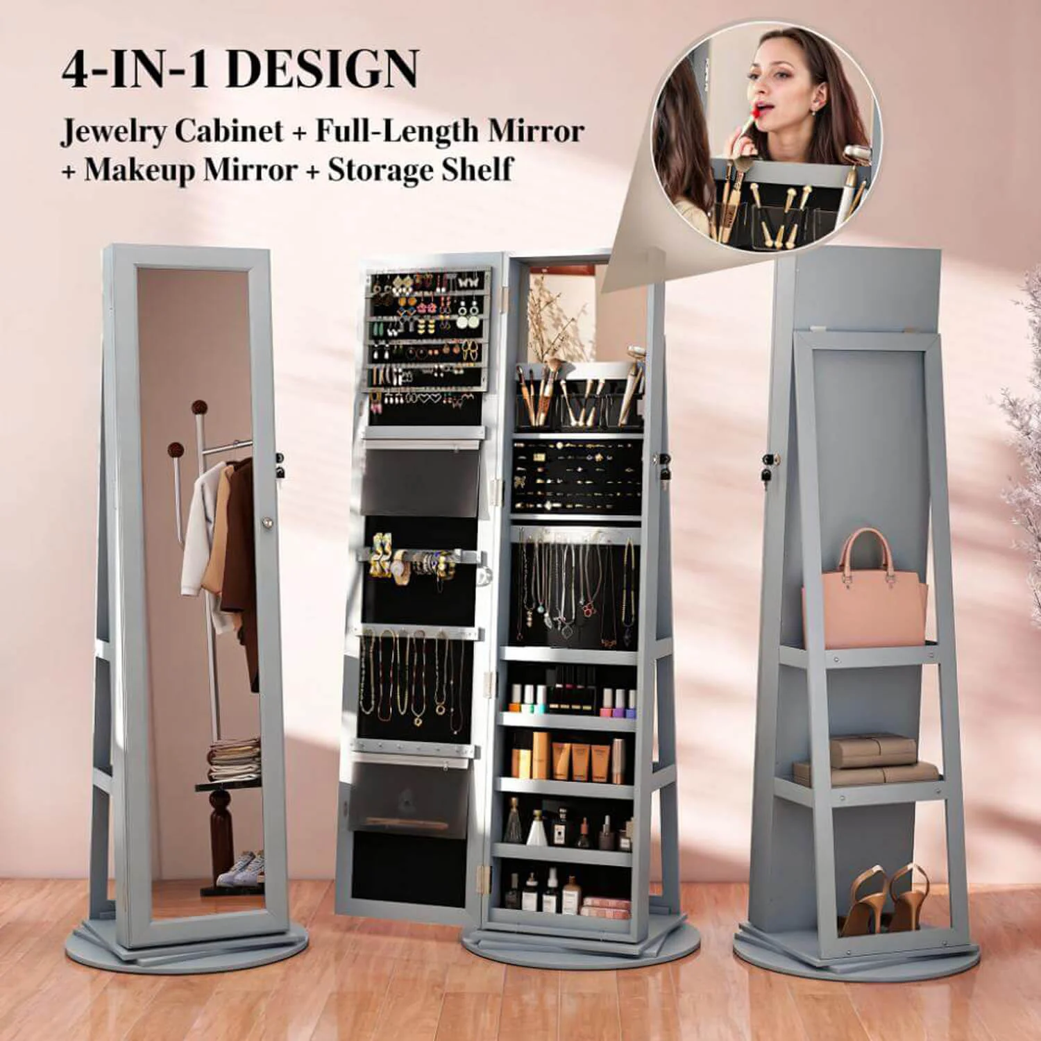 Lockable 360° Gray Swivel Full-Length Jewelry Cabinet Mirror with Storage Shelves - Image 4