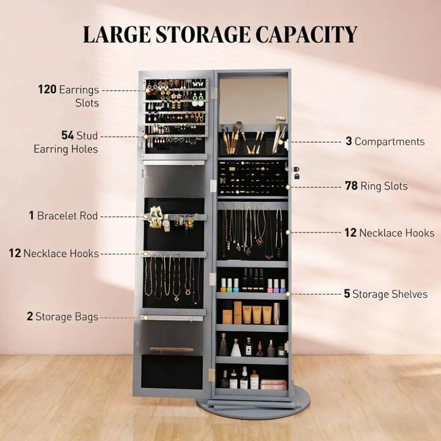 Lockable 360° Gray Swivel Full-Length Jewelry Cabinet Mirror with Storage Shelves - Image 5