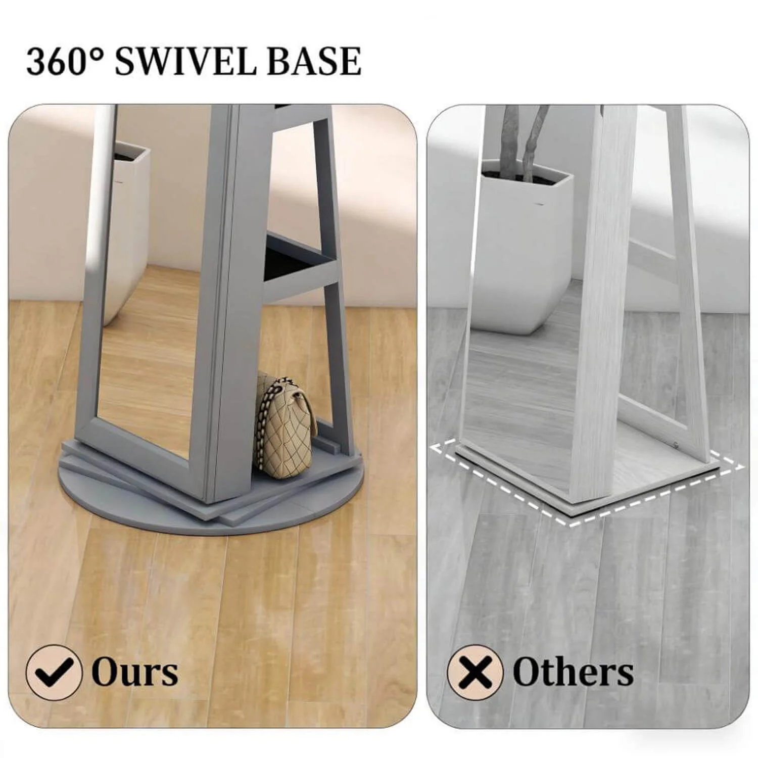 Lockable 360° Gray Swivel Full-Length Jewelry Cabinet Mirror with Storage Shelves - Image 6