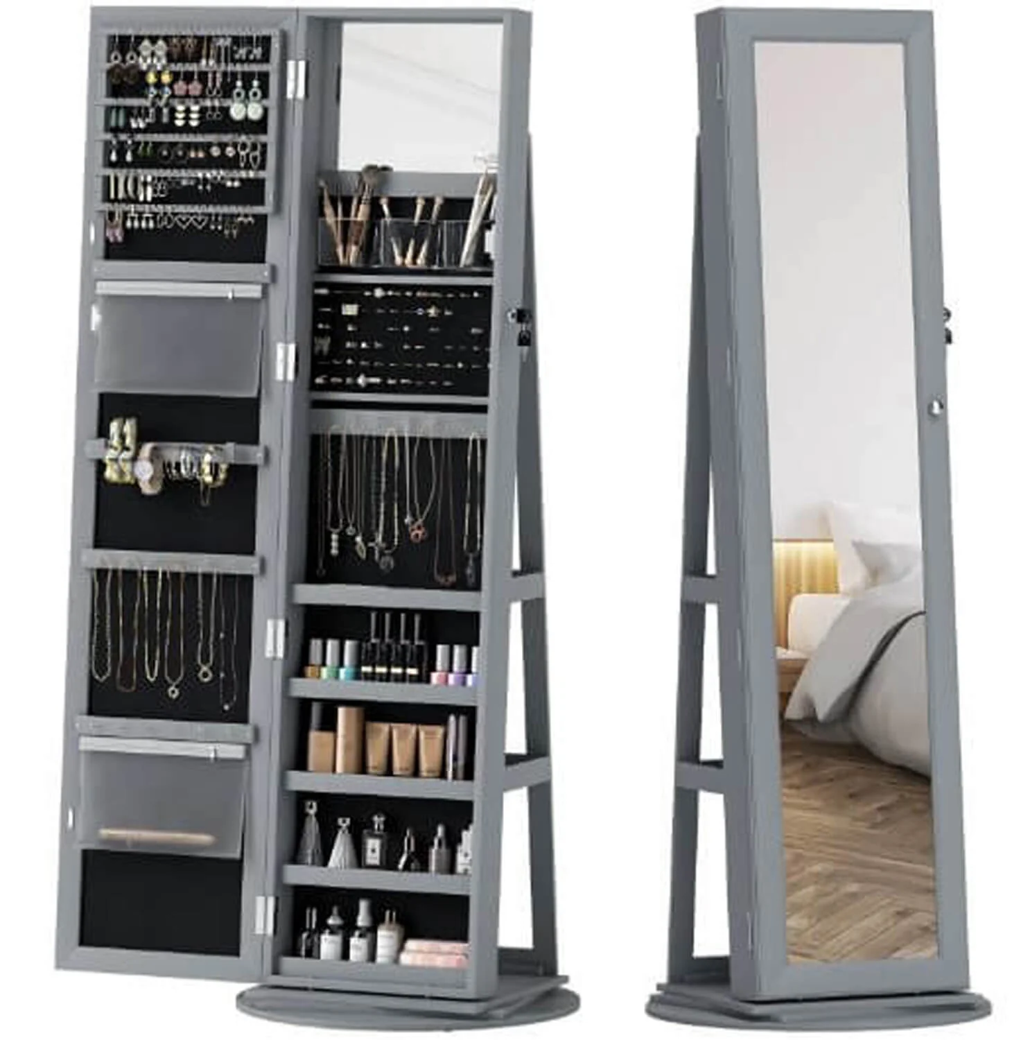 Lockable 360° Gray Swivel Full-Length Jewelry Cabinet Mirror with Storage Shelves - Image 7