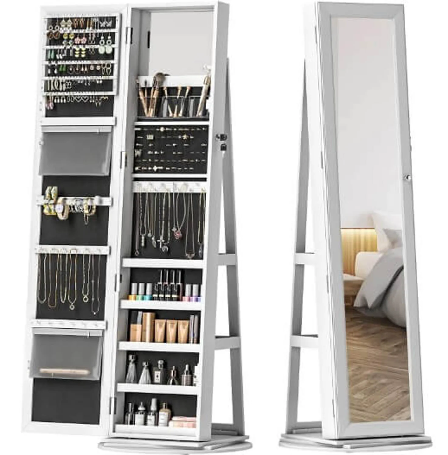 Lockable 360° White Swivel Full-Length Jewelry Cabinet Mirror with Storage Shelves - Image 3