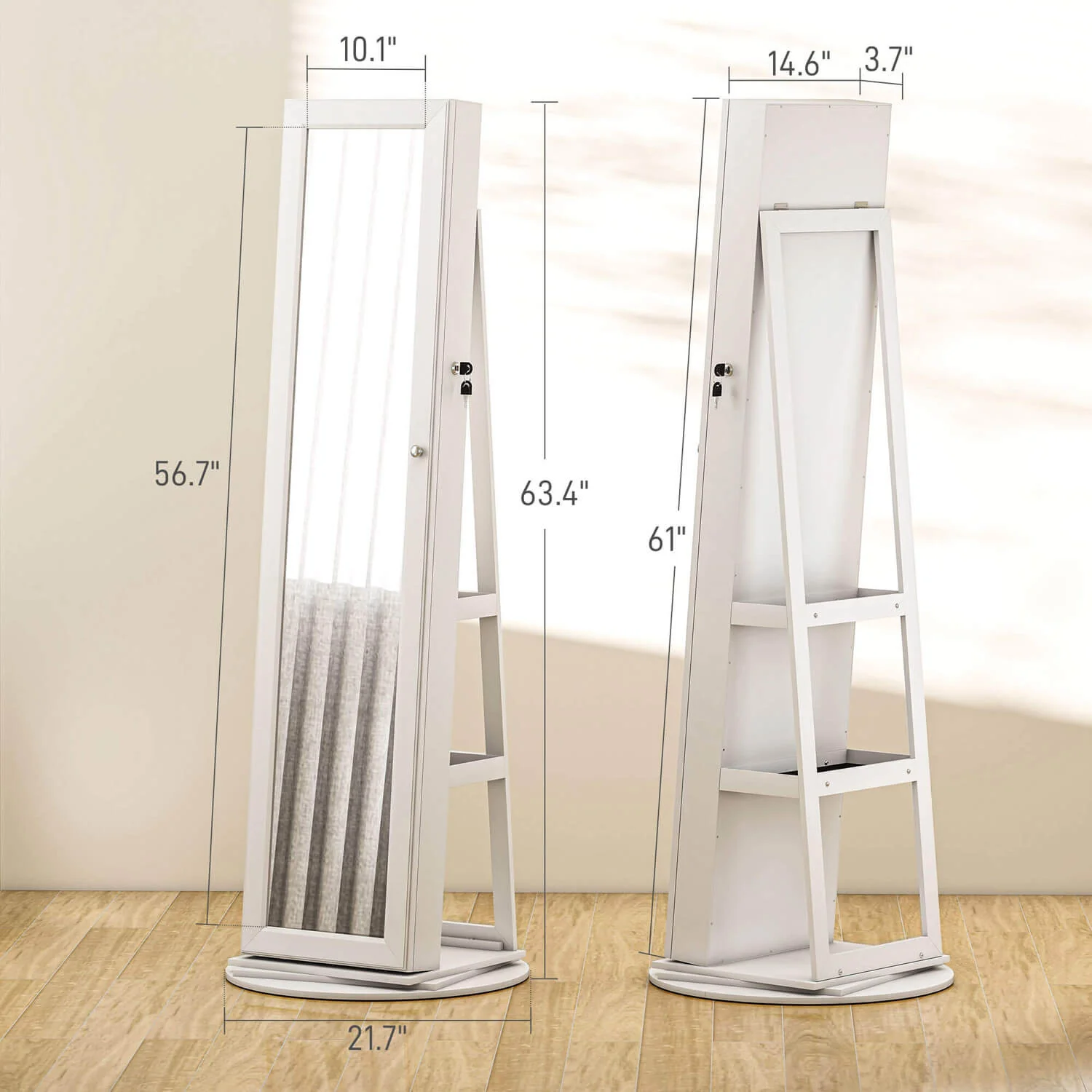 Lockable 360° White Swivel Full-Length Jewelry Cabinet Mirror with Storage Shelves - Image 4