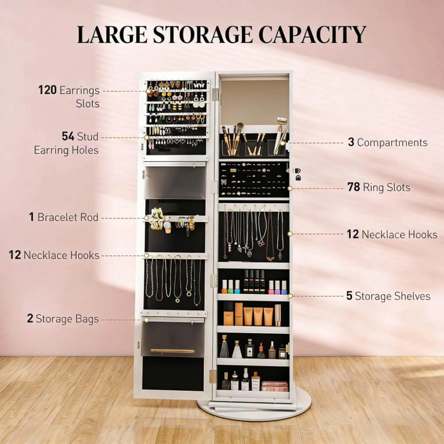 Lockable 360° White Swivel Full-Length Jewelry Cabinet Mirror with Storage Shelves - Image 5