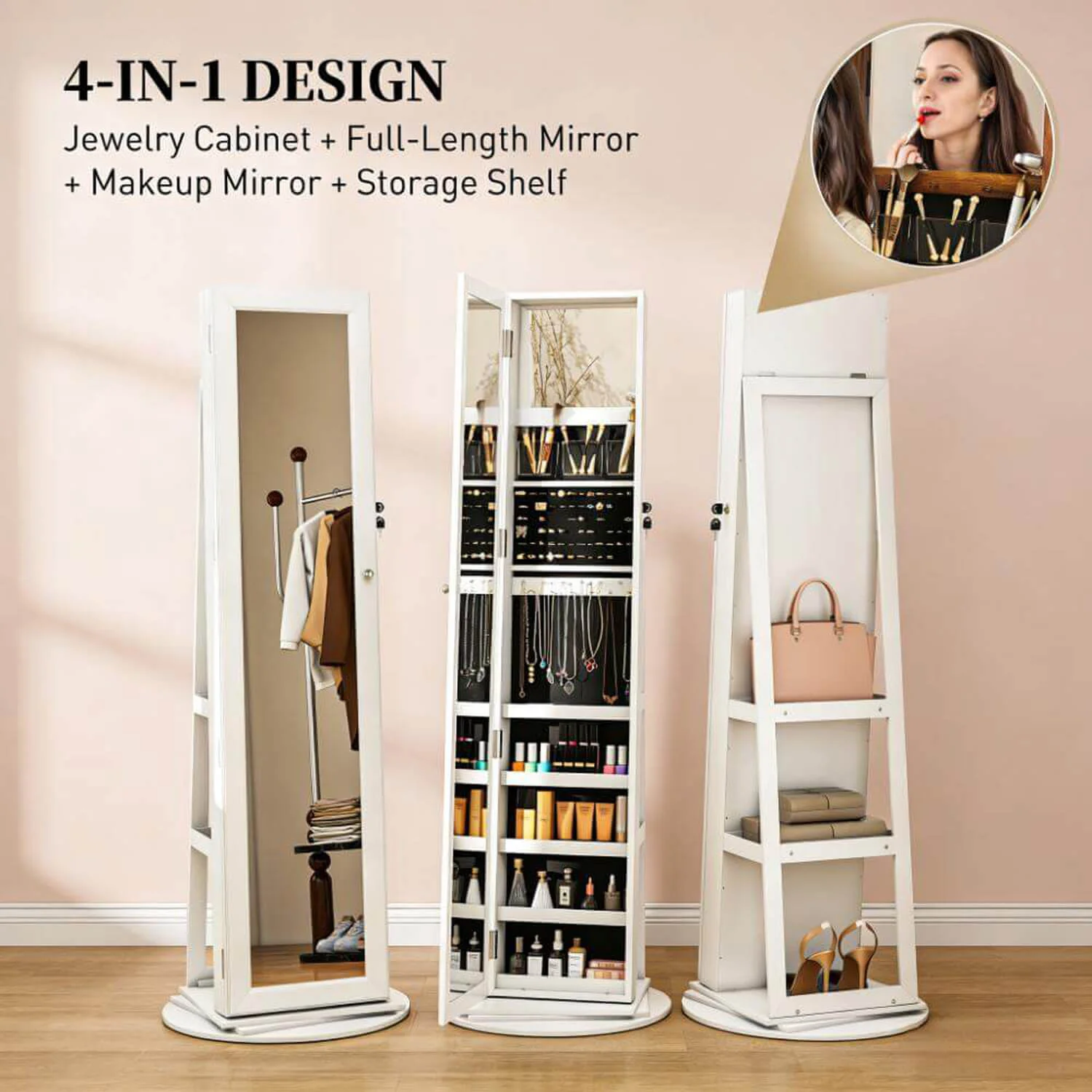 Lockable 360° White Swivel Full-Length Jewelry Cabinet Mirror with Storage Shelves - Image 6