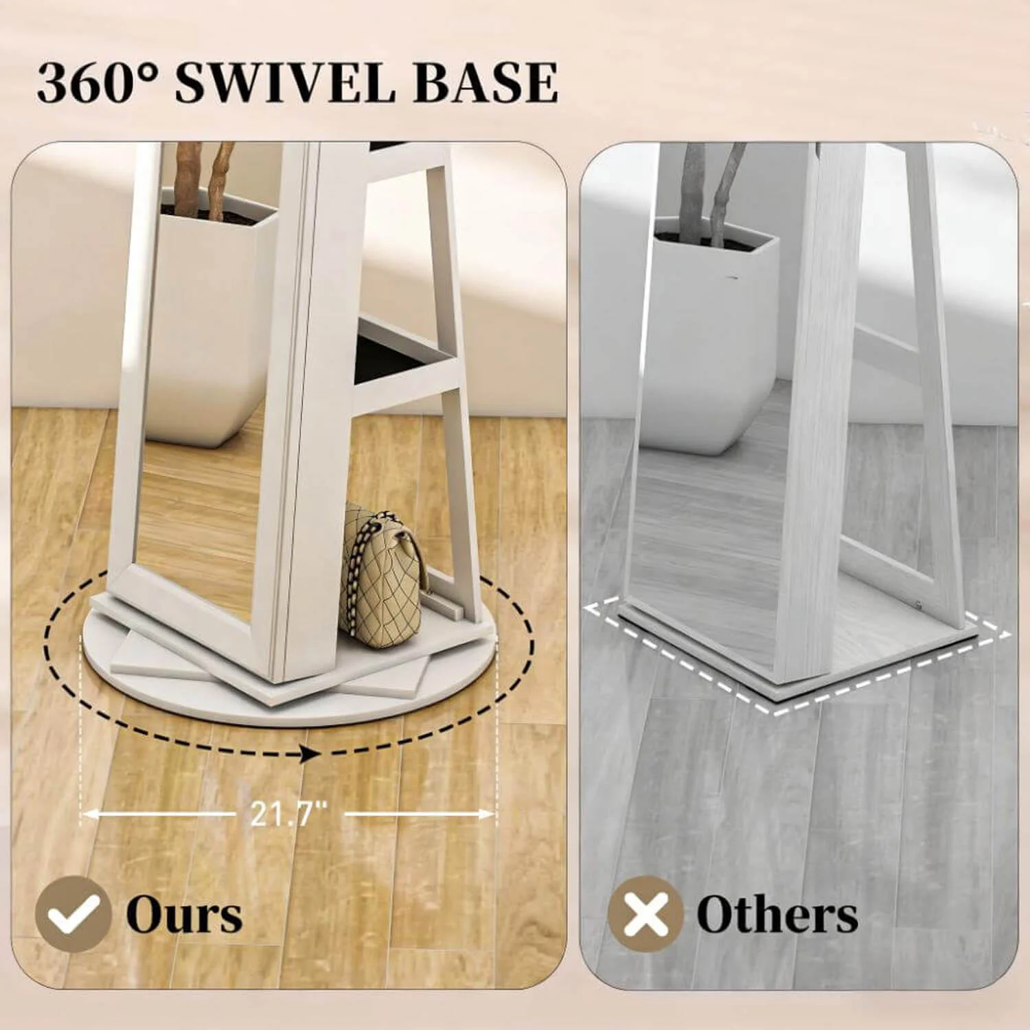 Lockable 360° White Swivel Full-Length Jewelry Cabinet Mirror with Storage Shelves - Image 7