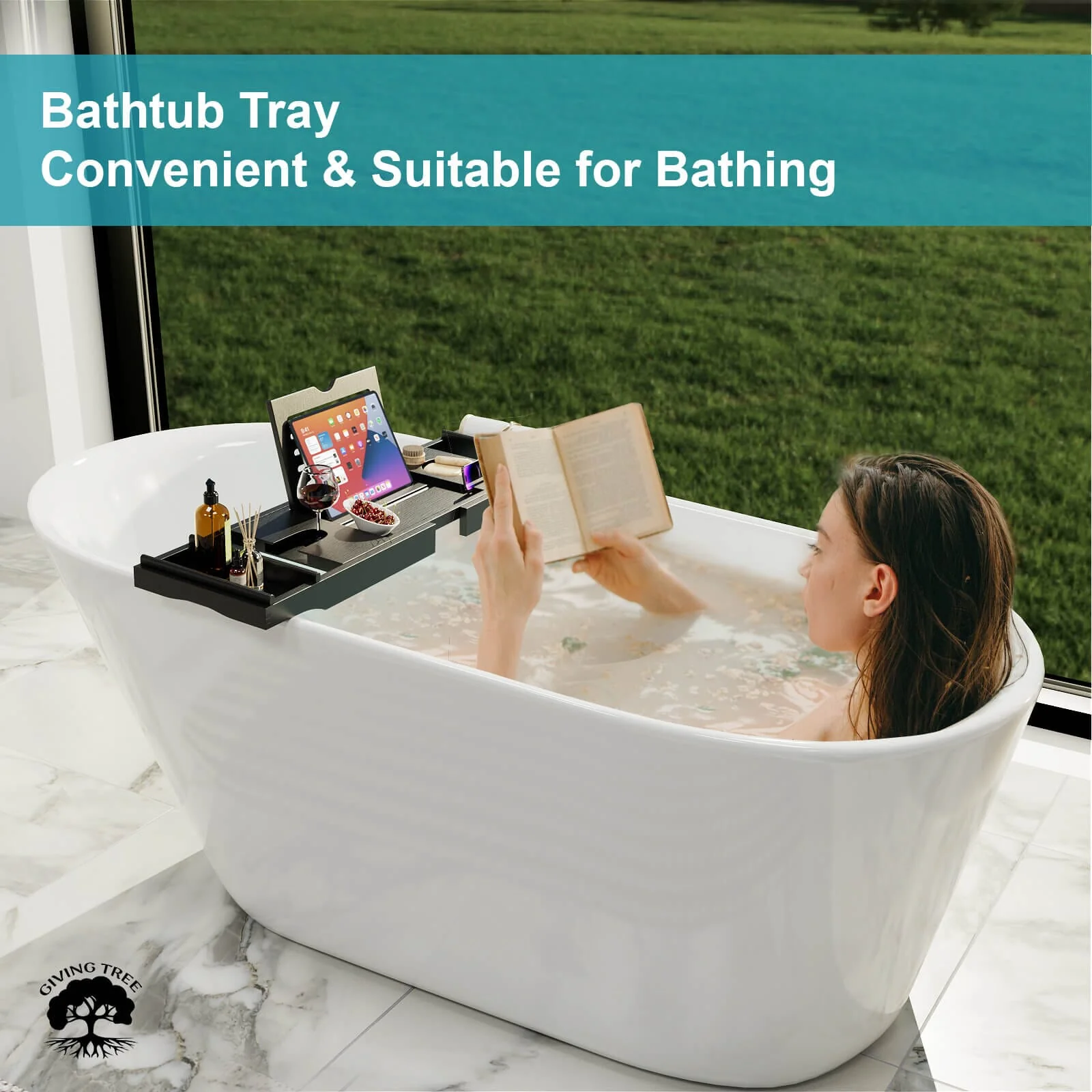 Luxury Bamboo Expandable Bathtub Caddy Tray with Smartphone Tablet Book Holders, Soap Tray, Wine Glass Slot, Black - Image 4