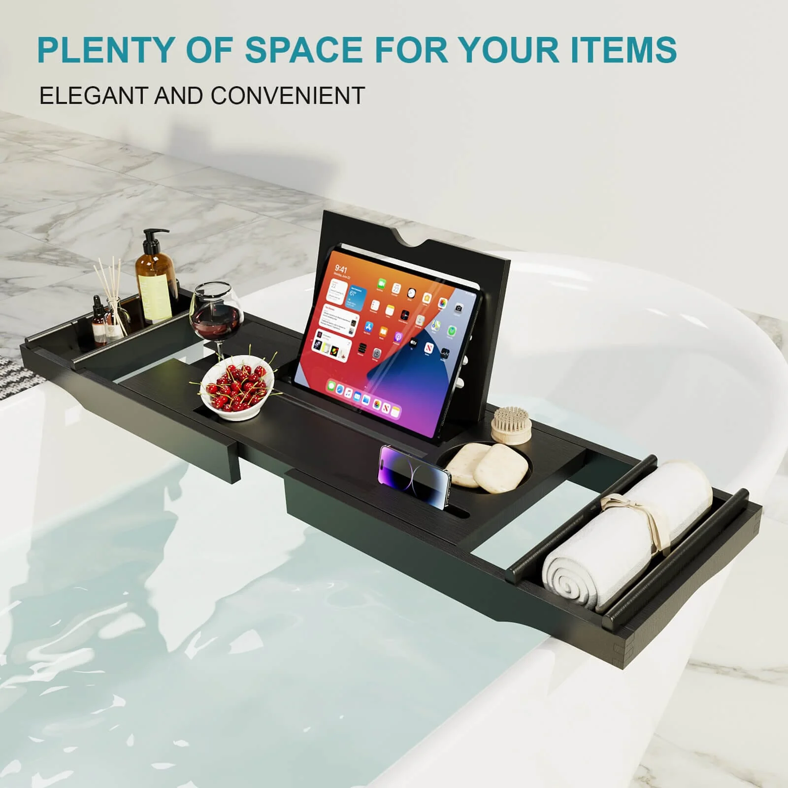 Luxury Bamboo Expandable Bathtub Caddy Tray with Smartphone Tablet Book Holders, Soap Tray, Wine Glass Slot, Black - Image 5
