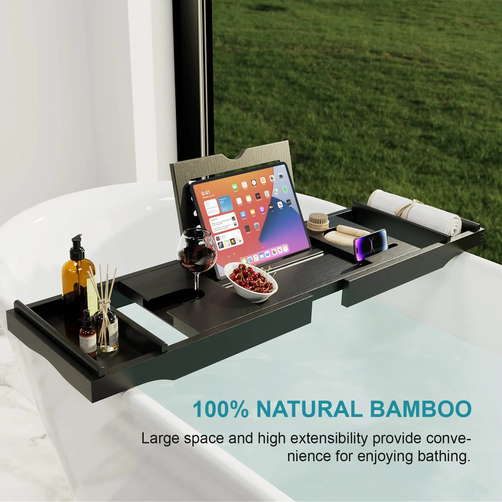 Luxury Bamboo Expandable Bathtub Caddy Tray with Smartphone Tablet Book Holders, Soap Tray, Wine Glass Slot, Black - Image 6