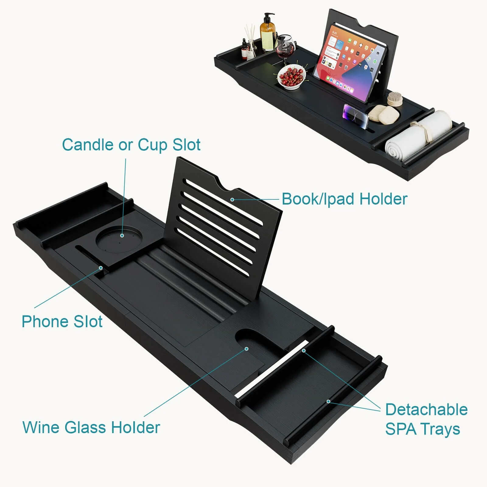 Luxury Bamboo Expandable Bathtub Caddy Tray with Smartphone Tablet Book Holders, Soap Tray, Wine Glass Slot, Black - Image 7