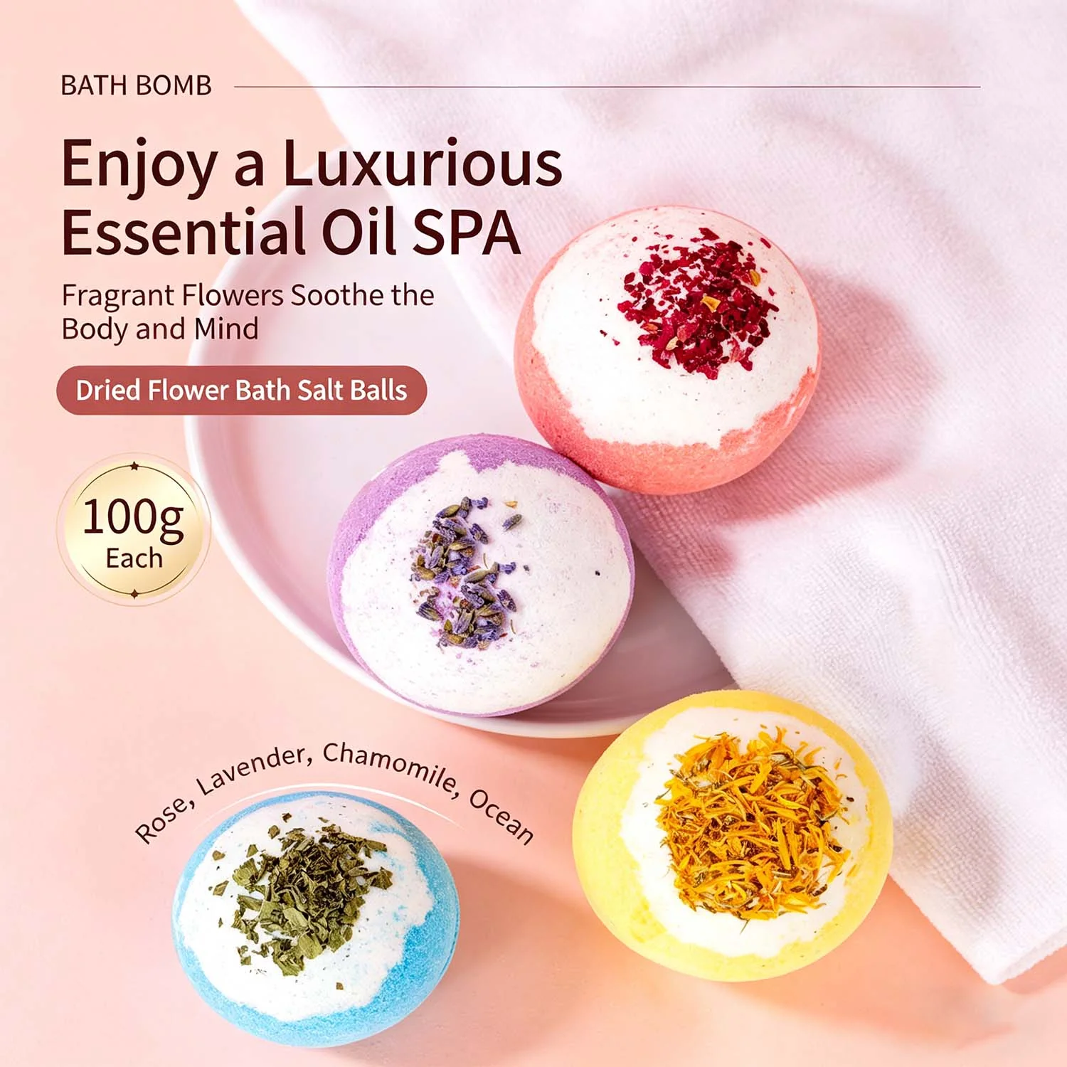 Luxury Organic Bath Bombs Gift Set,Essential Oils for Women (Set of 4 Colors) - Image 3