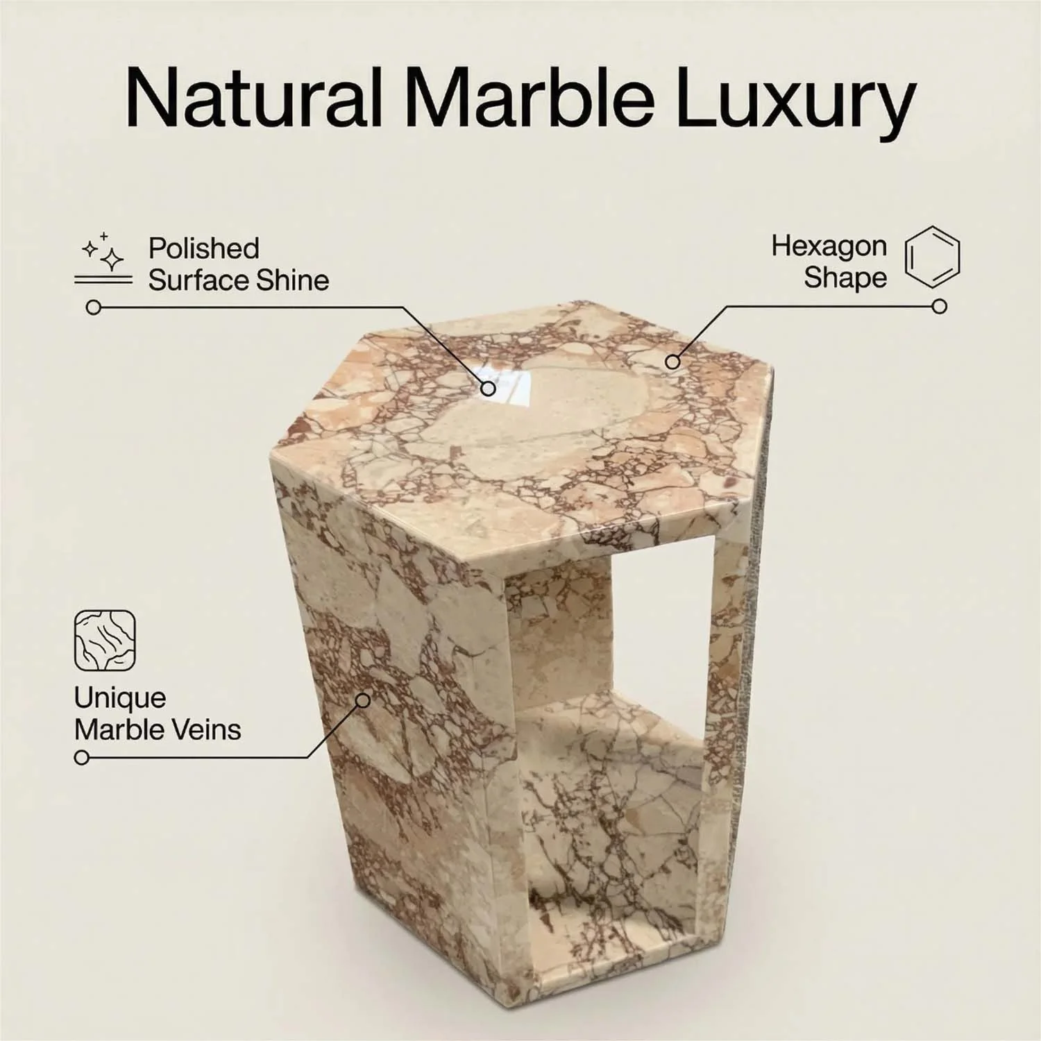 Luxury Real Marble Pink Hexagon Shape Side Table for Living Room, Bathroom & Small Spaces - Image 5